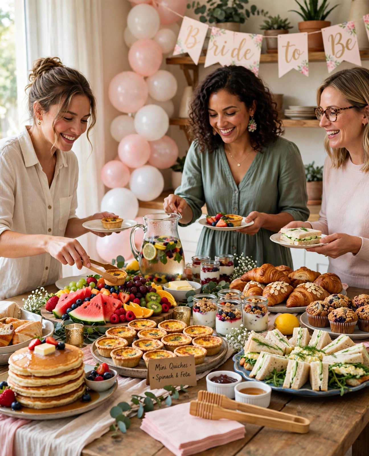 Budget-friendly bridal shower brunch buffet with pancakes, fruit platters and pastries