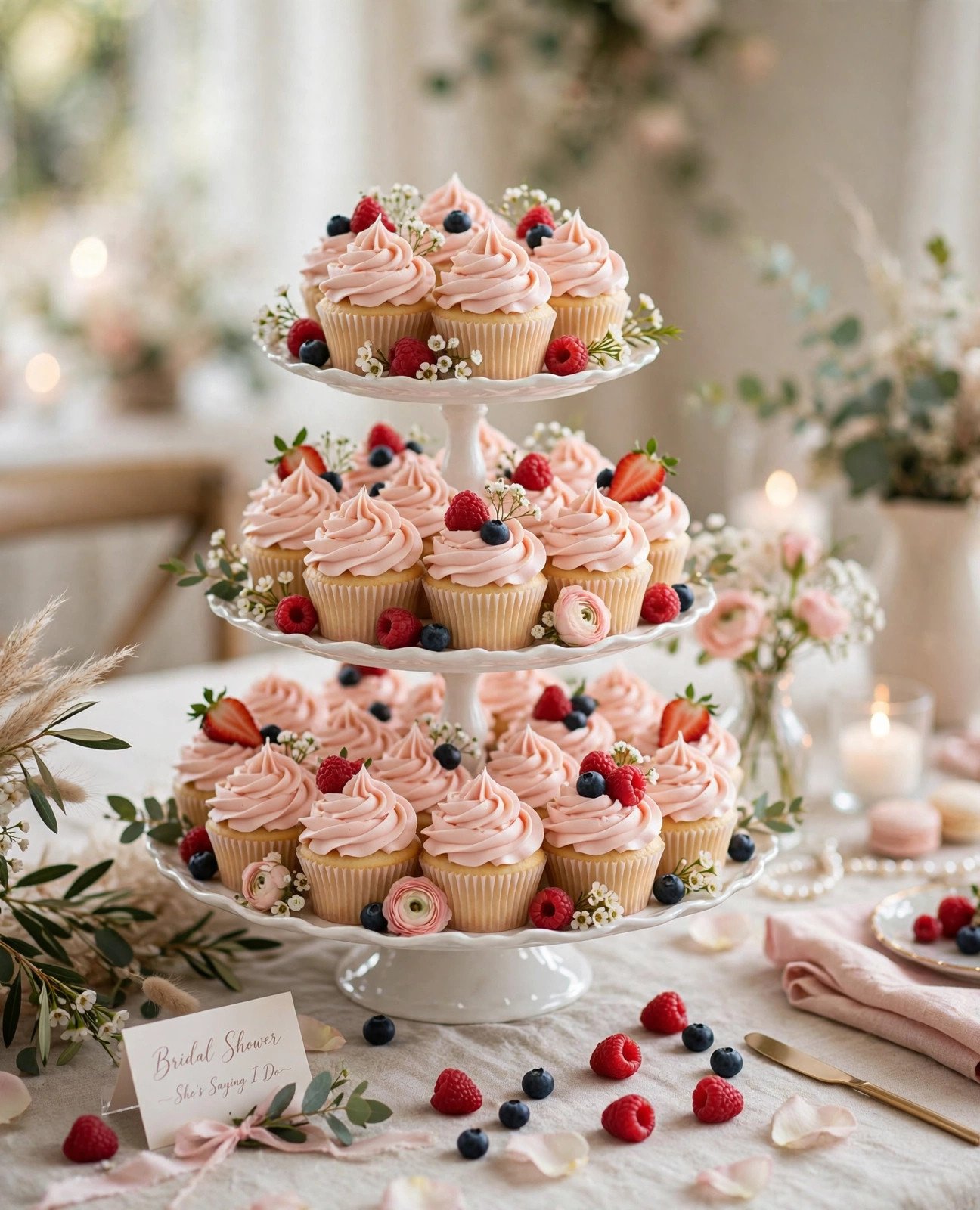 Tower of blush frosted cupcakes on a tiered stand as a bridal shower cake alternative