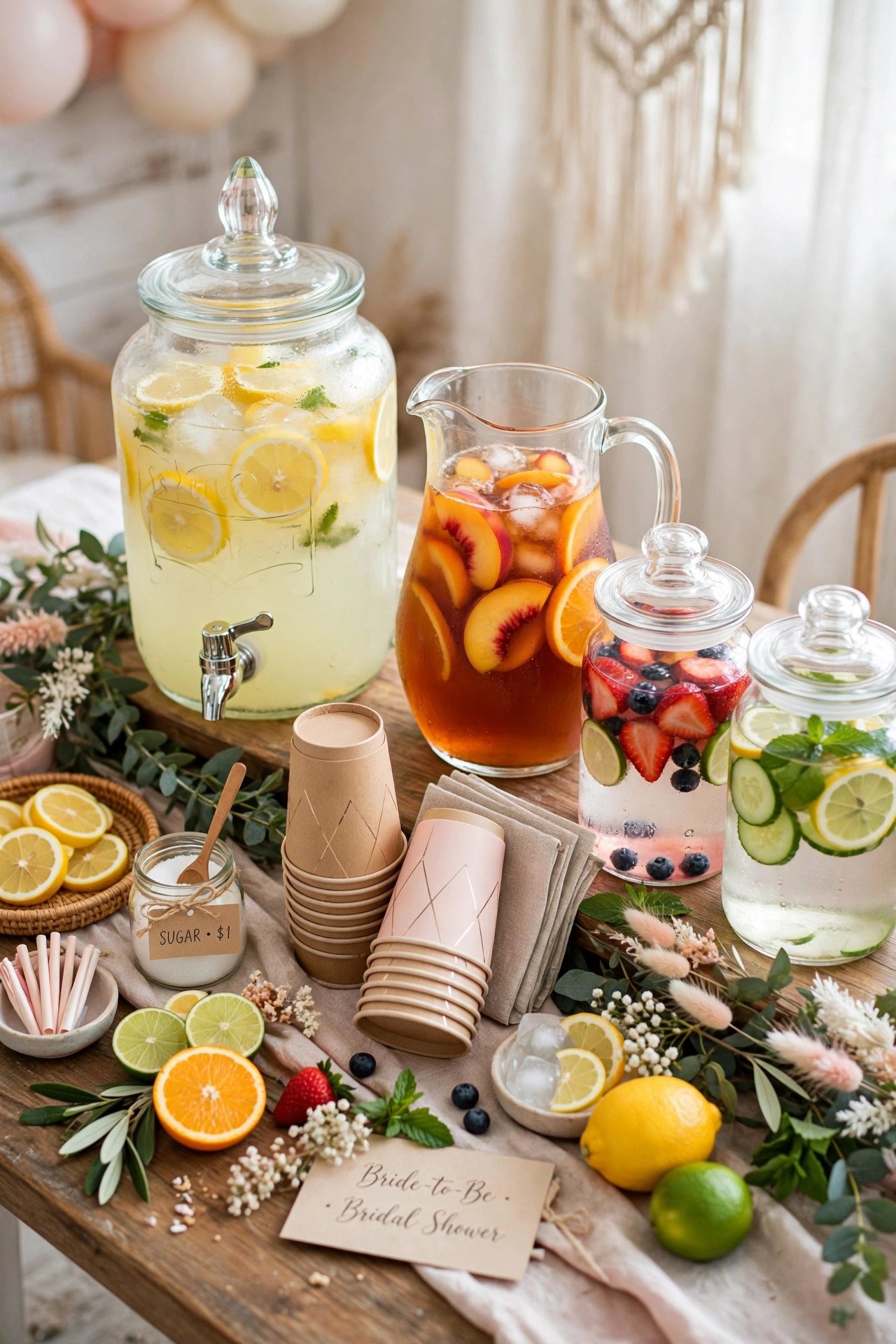 Budget bridal shower drink station with pink punch dispenser and DIY mimosa bar