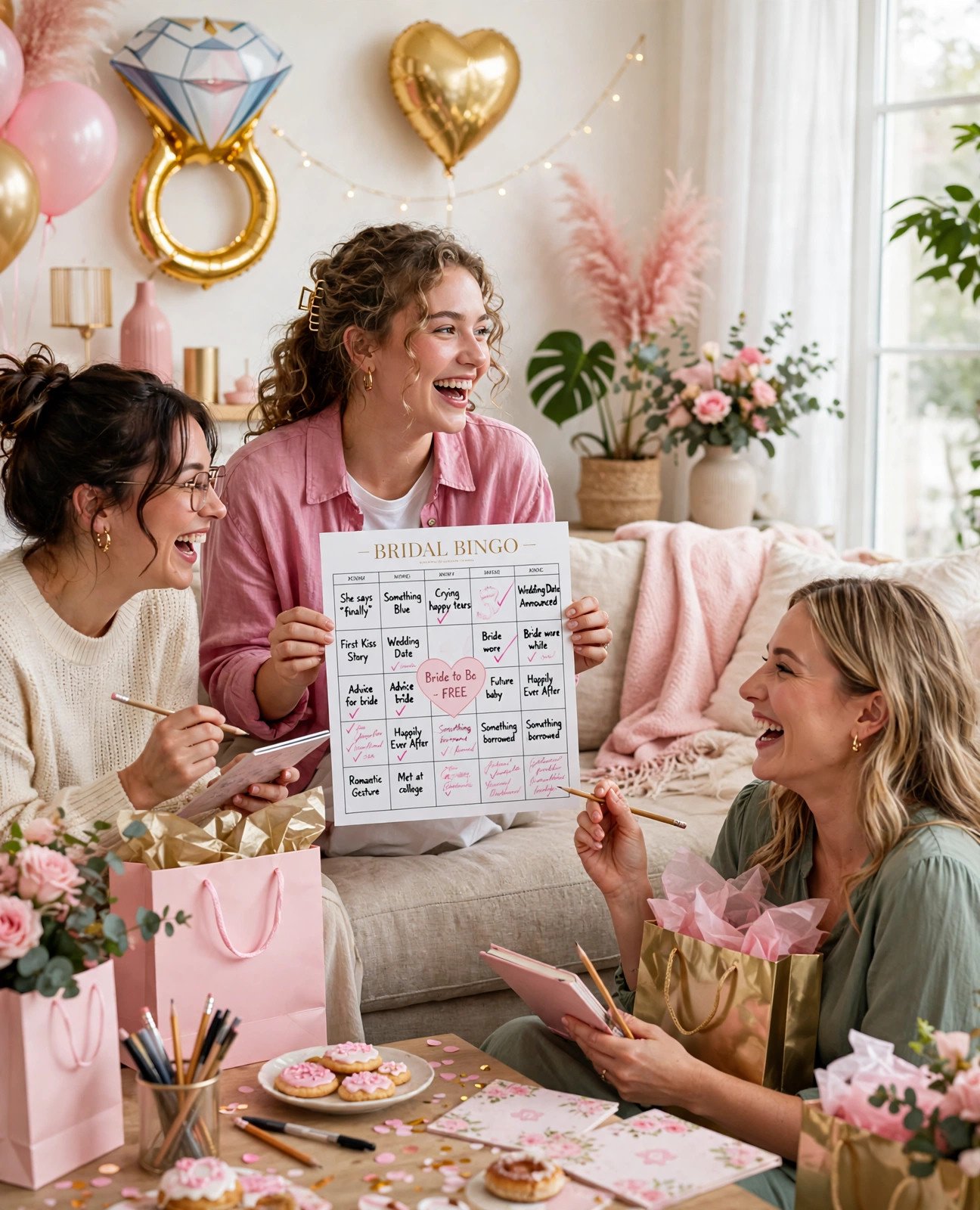 Guests laughing while playing bridal shower bingo with printable cards