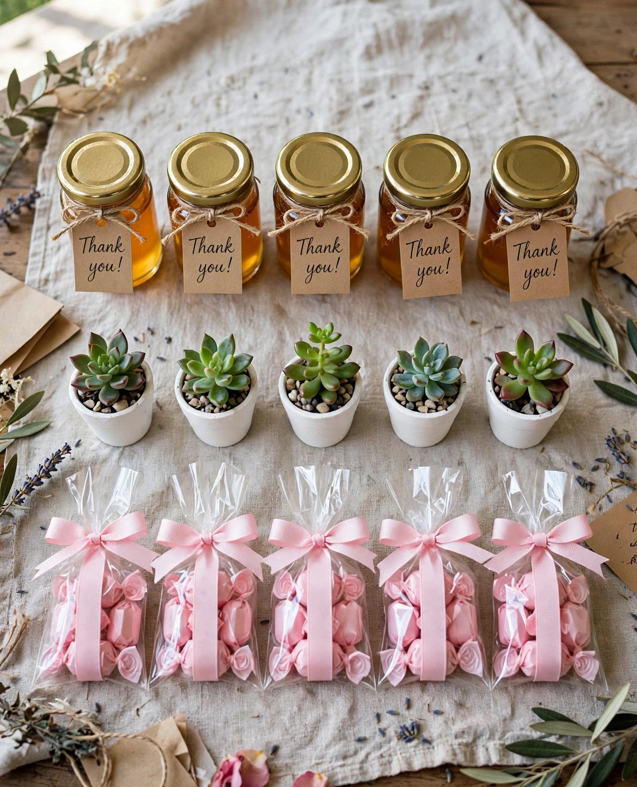 DIY bridal shower favors — honey jars, mini succulents and candy bags in neat rows