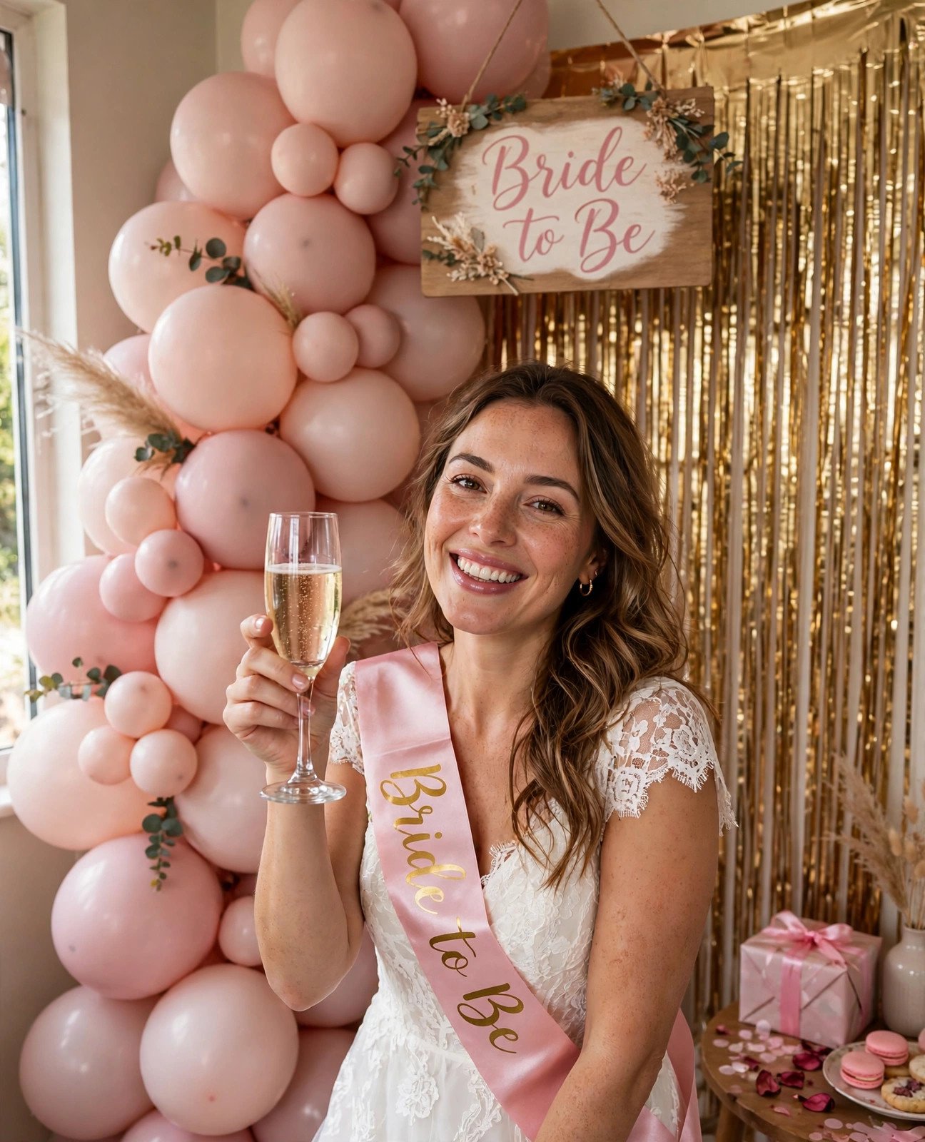 Bride posing at a budget bridal shower photo backdrop with balloon wall and Bride to Be sign