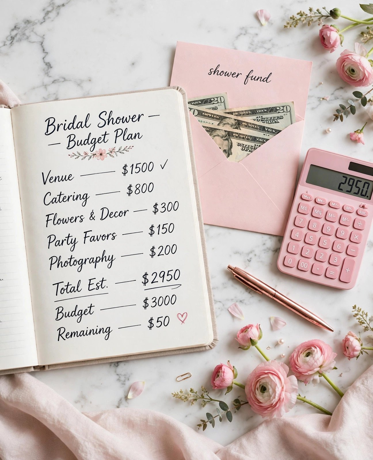 Bridal shower budget breakdown flat lay with notebook, calculator and shower fund envelope
