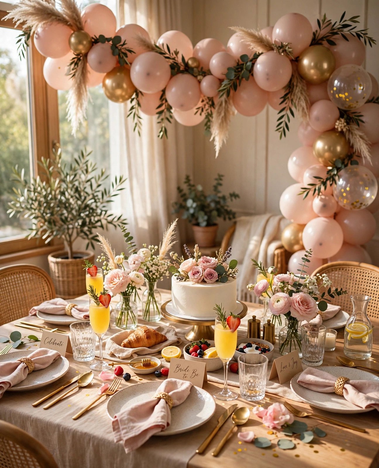Beautiful budget bridal shower brunch table with blush and gold balloons, flowers and cake