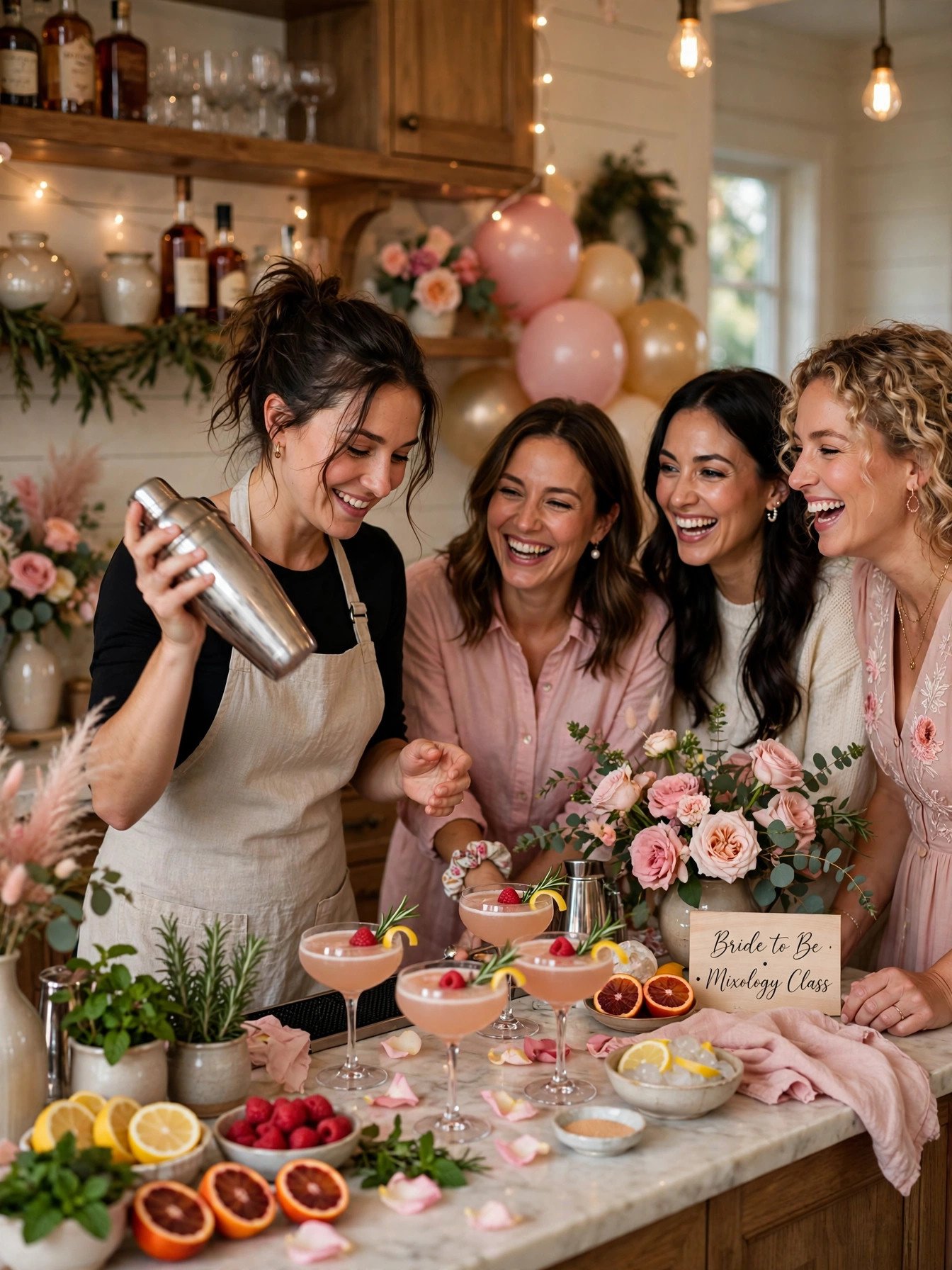 Bridal shower guests learning to shake cocktails at a mixology class