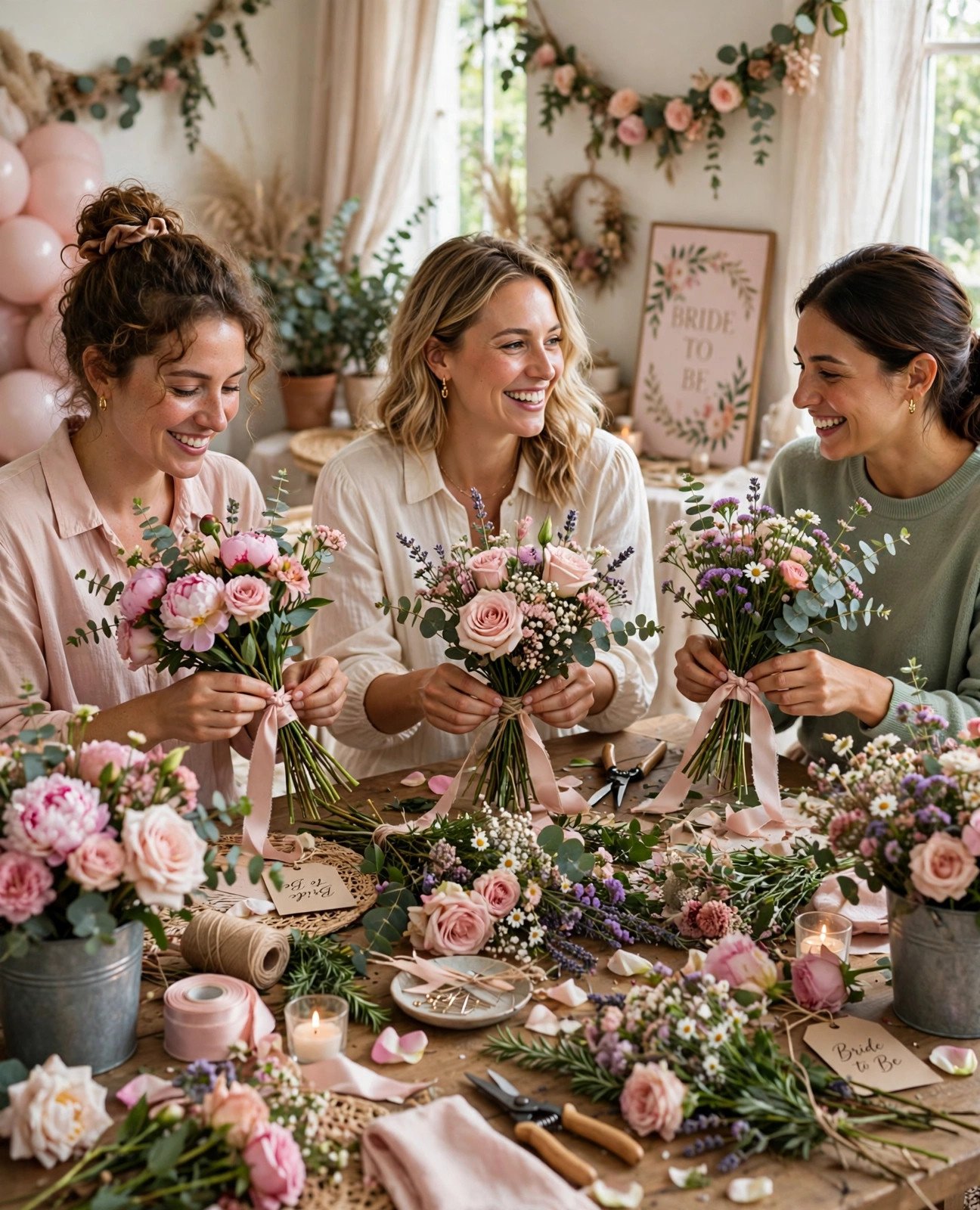 Women arranging bouquets of roses and peonies at a bridal shower flower workshop