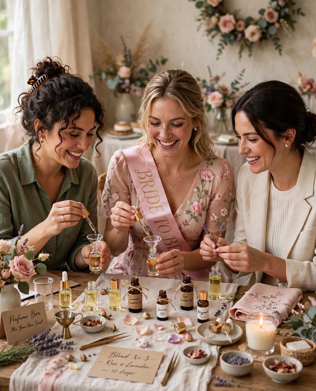 Friends blending essential oils into glass perfume bottles at a bridal shower perfumery workshop