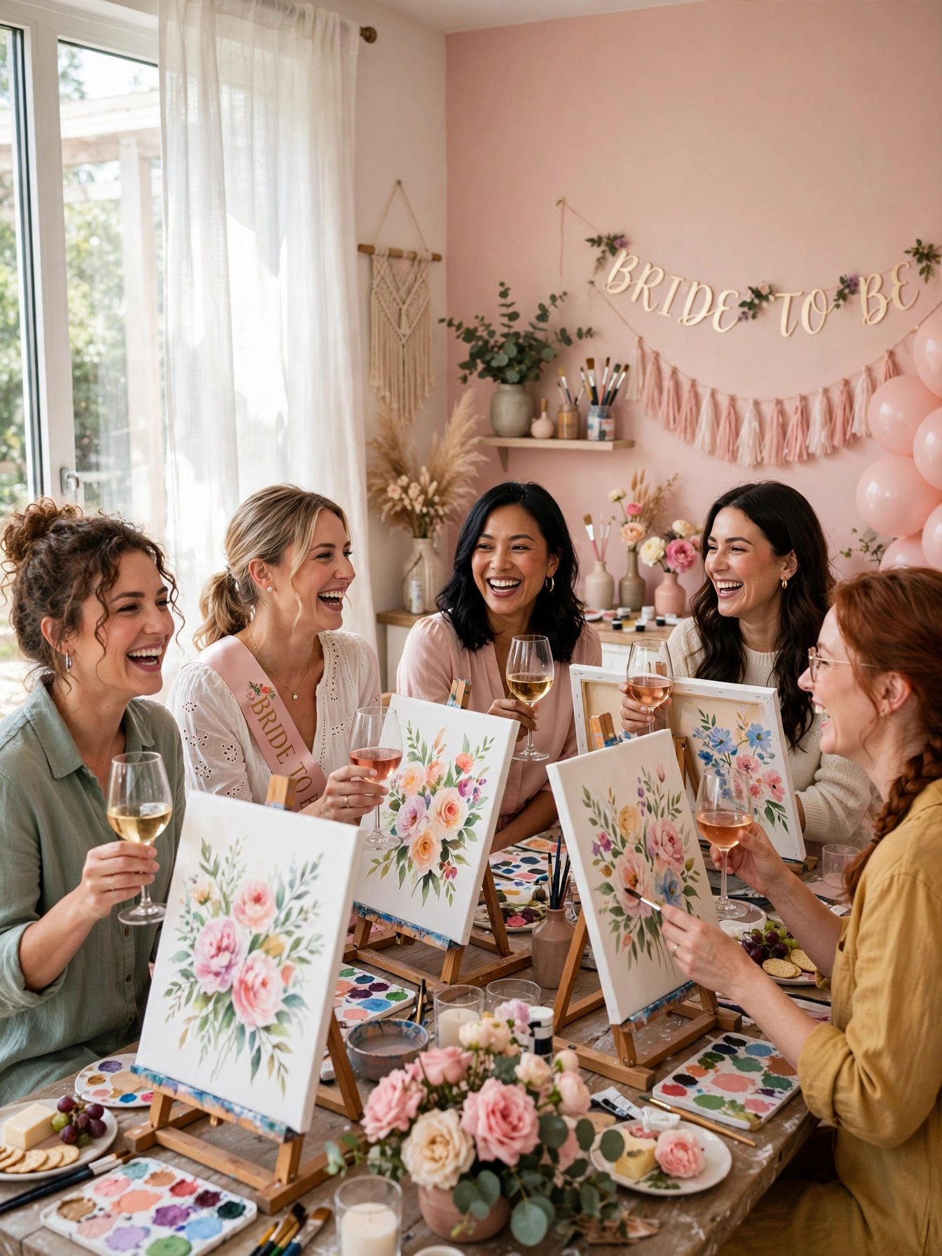 Bridal shower guests painting canvases with wine glasses at a paint and sip party