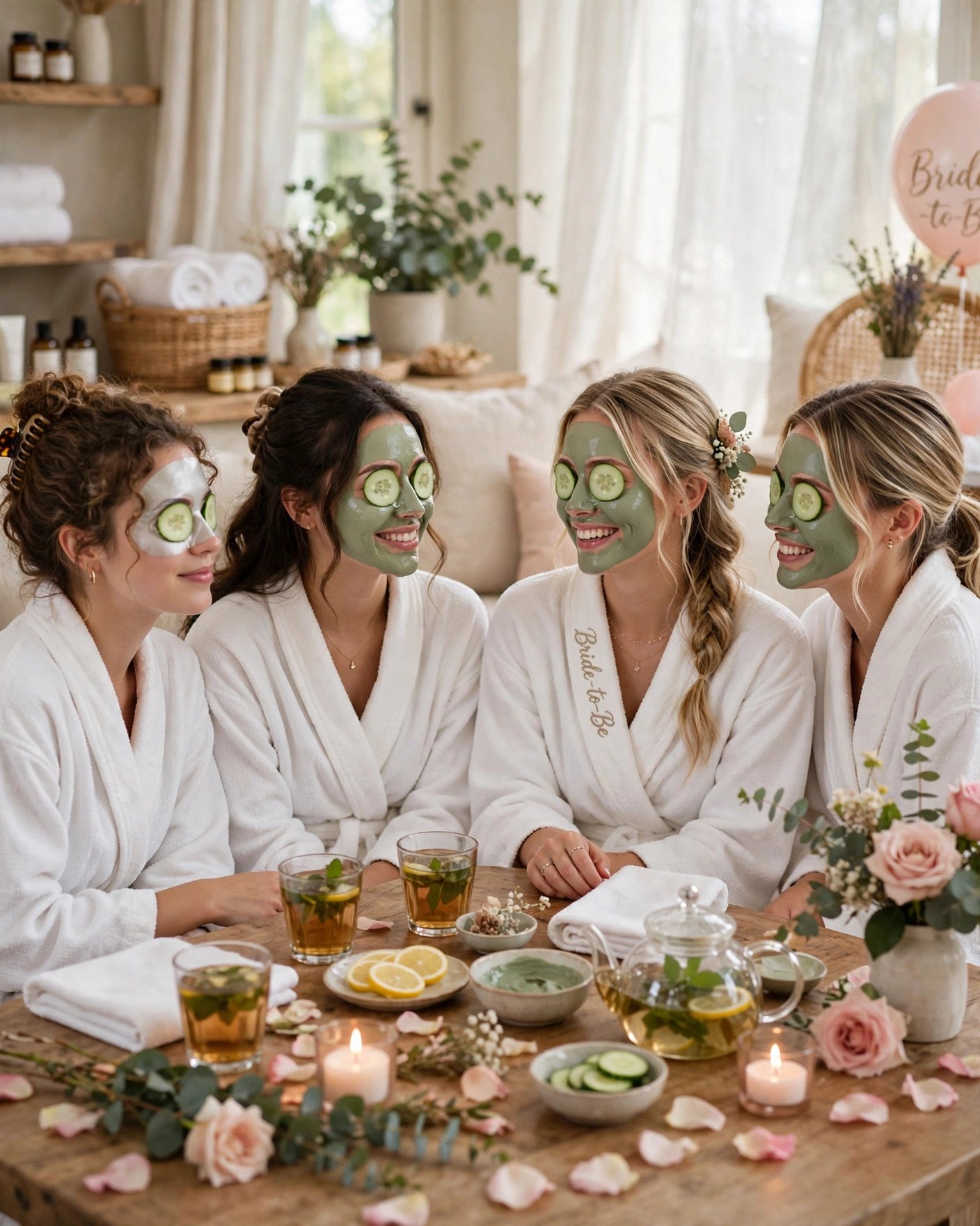 Friends in robes enjoying facials at a bridal shower spa afternoon