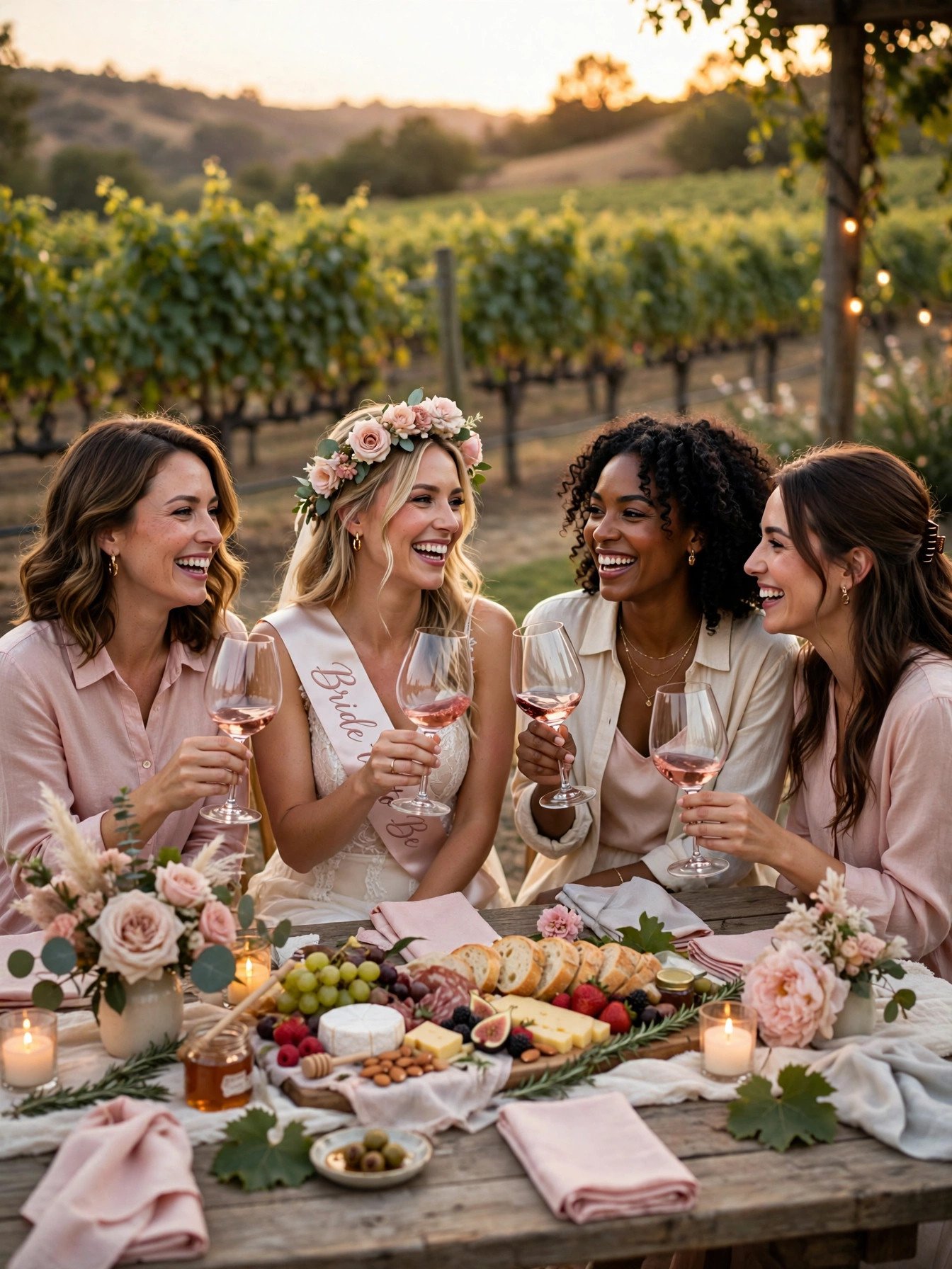 Friends swirling wine glasses at a vineyard table during a bridal shower wine tasting