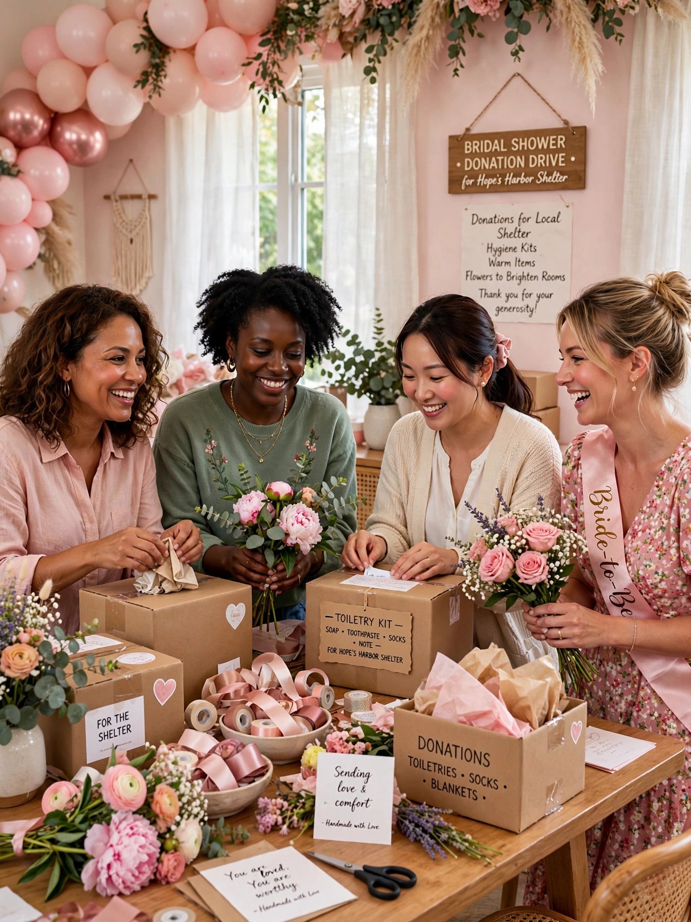 Friends packing donation boxes together at a charity bridal shower volunteer event