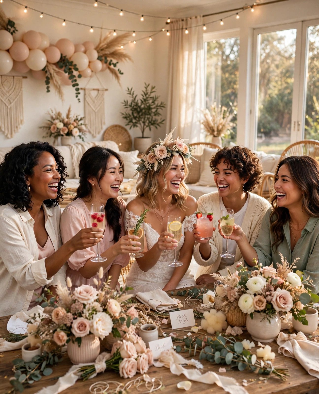 Group of friends laughing and celebrating at a creative bridal shower activity