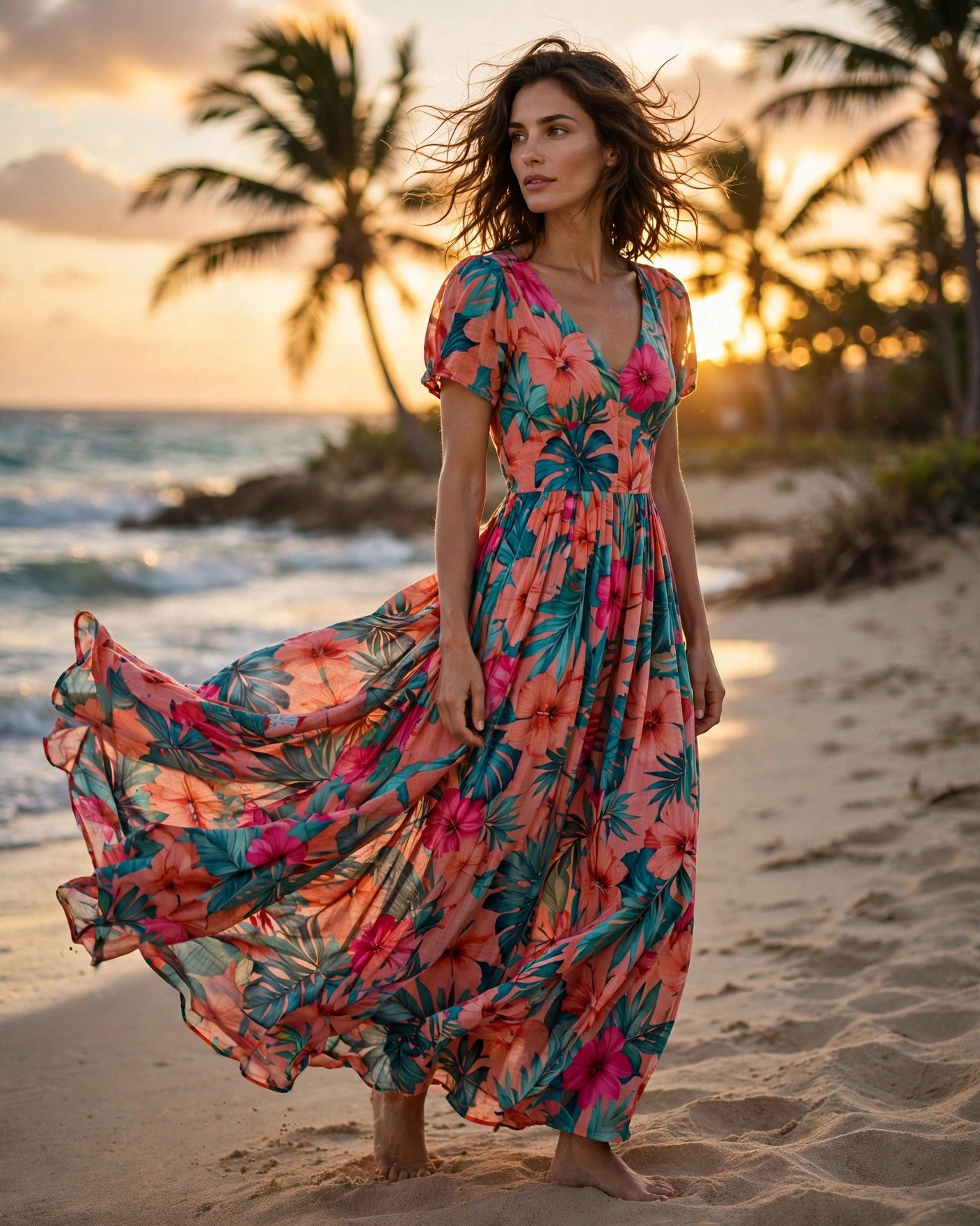 Woman in a tropical floral maxi dress in coral, teal and fuchsia on a sunset beach