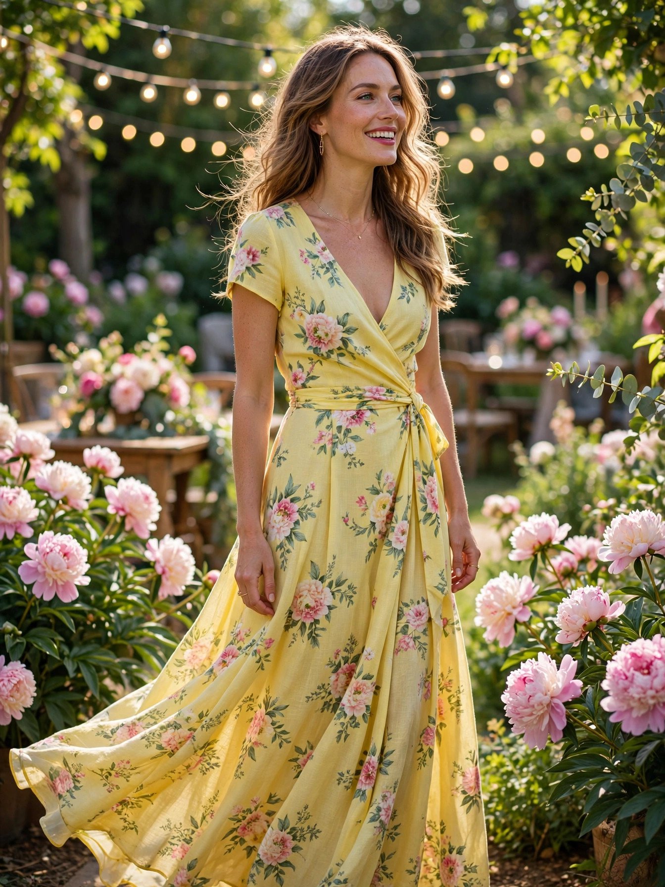 Woman in a lemon yellow floral wrap dress at a bright summer garden party