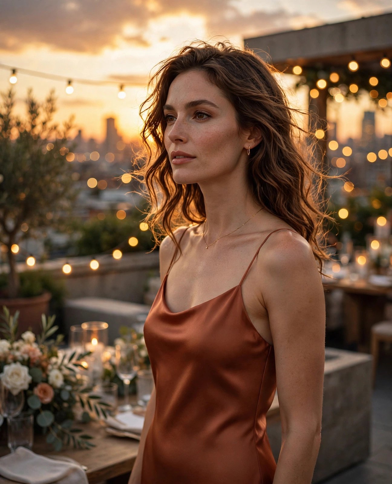 Elegant woman in a terracotta satin slip dress at a golden-hour rooftop wedding reception