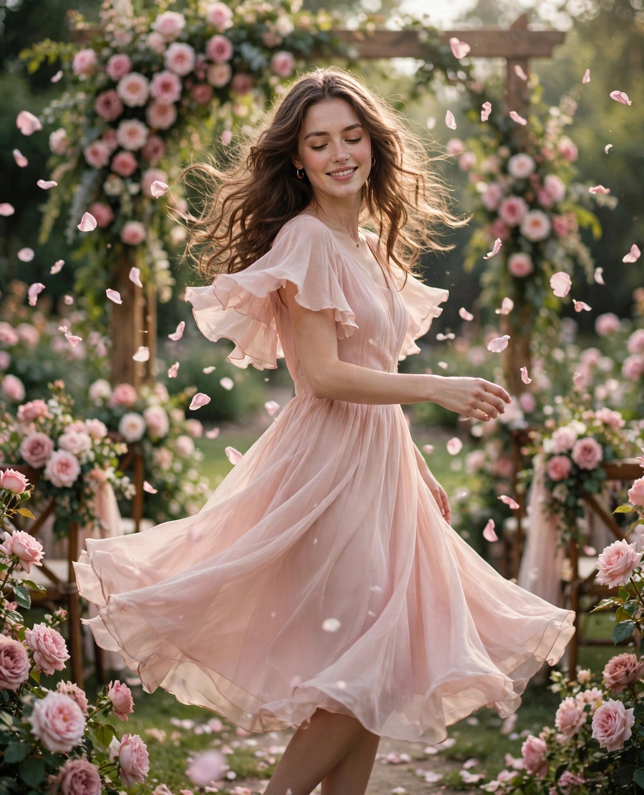 Woman in a blush pink chiffon midi dress twirling among roses at a garden wedding