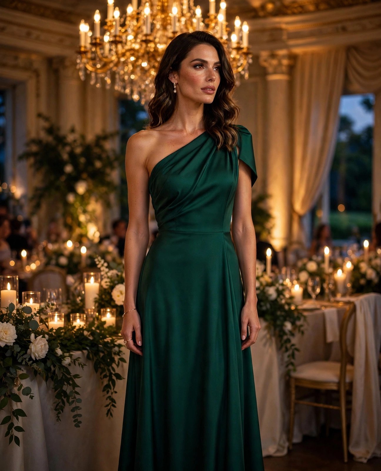 Woman in an emerald green one-shoulder maxi dress at a candlelit ballroom wedding reception