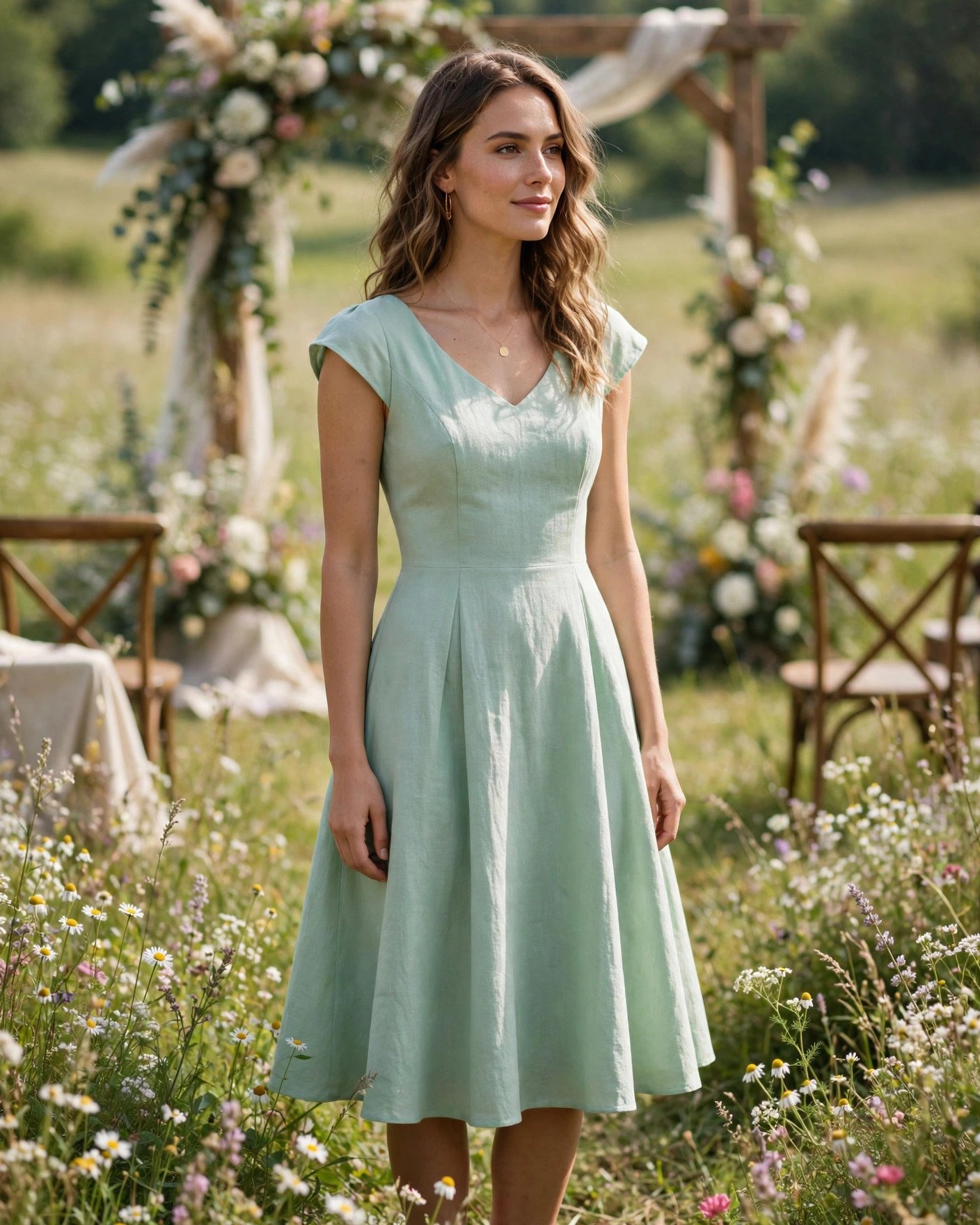 Woman in a mint green A-line summer dress with cap sleeves in a sunlit meadow wedding ceremony