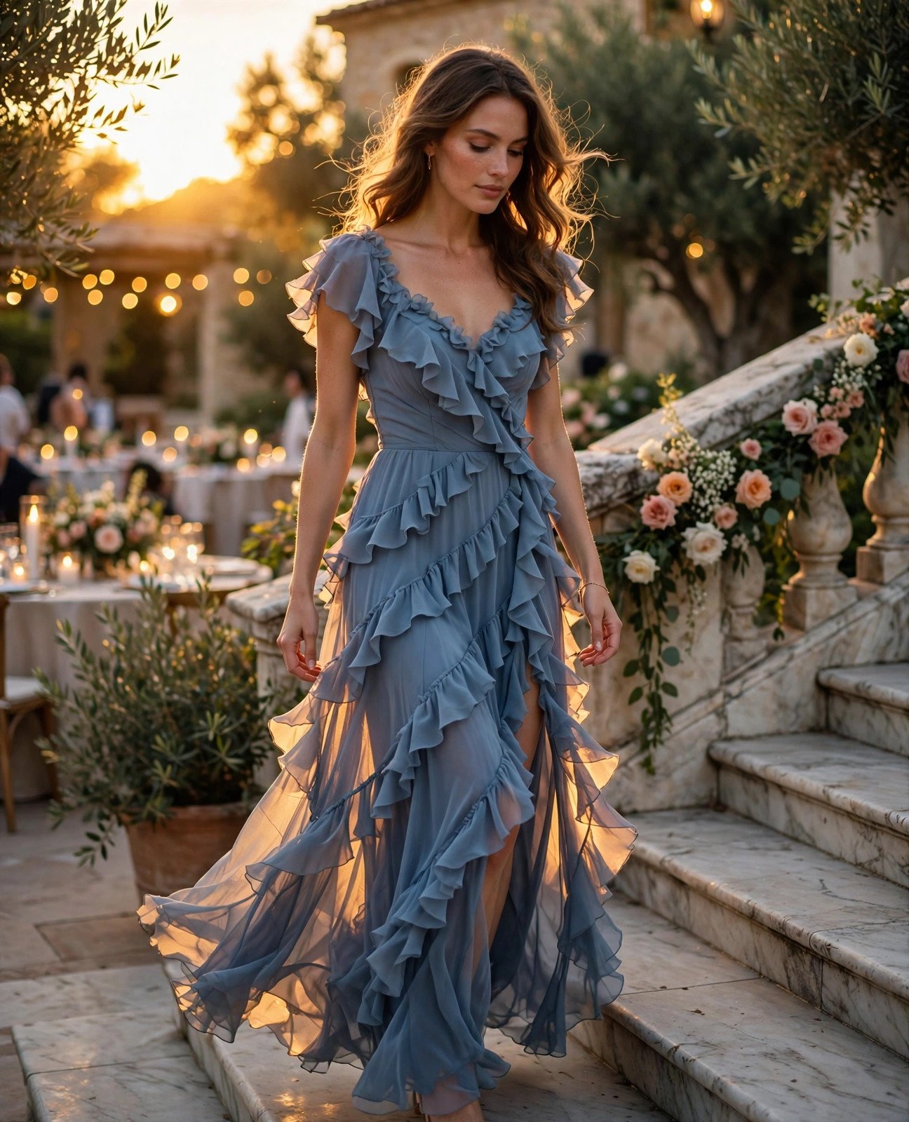 Woman in a dusty blue ruffle maxi dress with a high slit descending marble stairs at a sunset wedding reception
