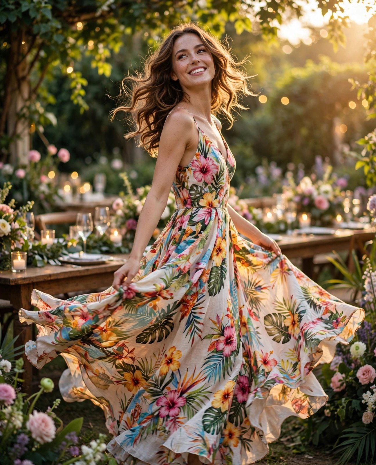 Woman in a tropical floral maxi dress twirling at a golden-hour summer wedding