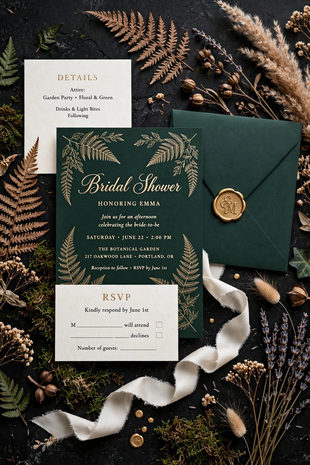Elegant fairy tale bridal shower invitation suite with gold foil on deep green stationery