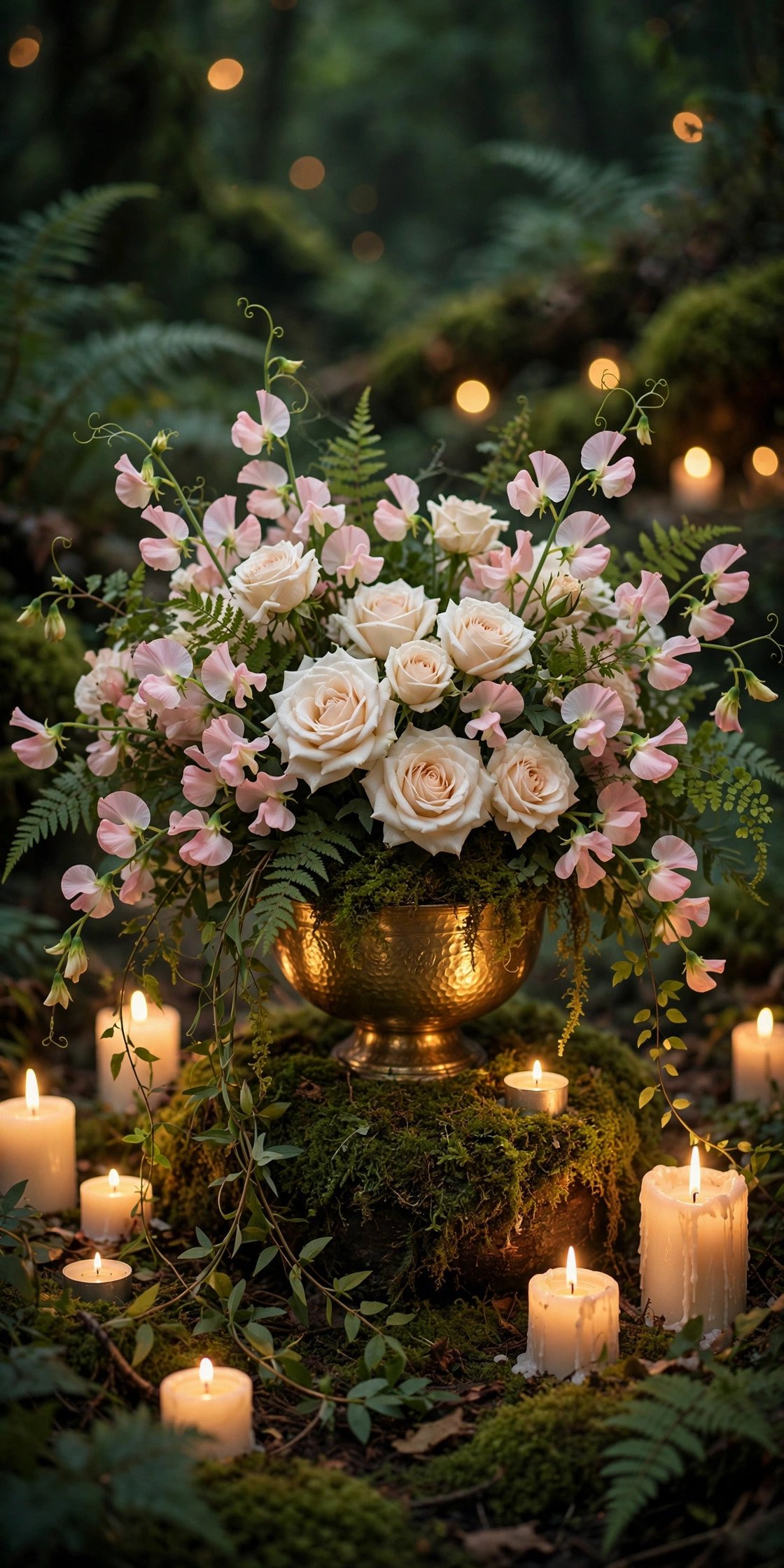 Ethereal woodland bridal shower bouquet with ivory roses, ferns and trailing vines in a gold vessel