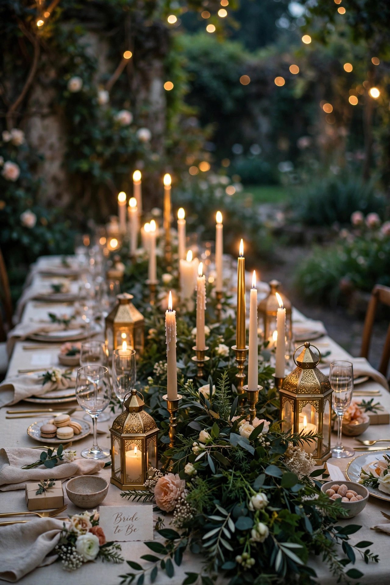 Magical candlelight with gold lanterns glowing on an elegant bridal shower table in an enchanted garden