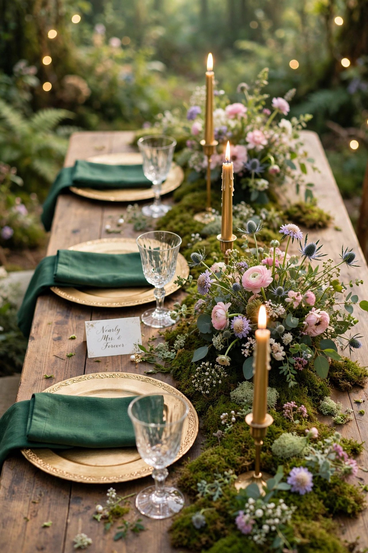 Elegant enchanted bridal shower tablescape with moss runner, gold chargers and emerald napkins