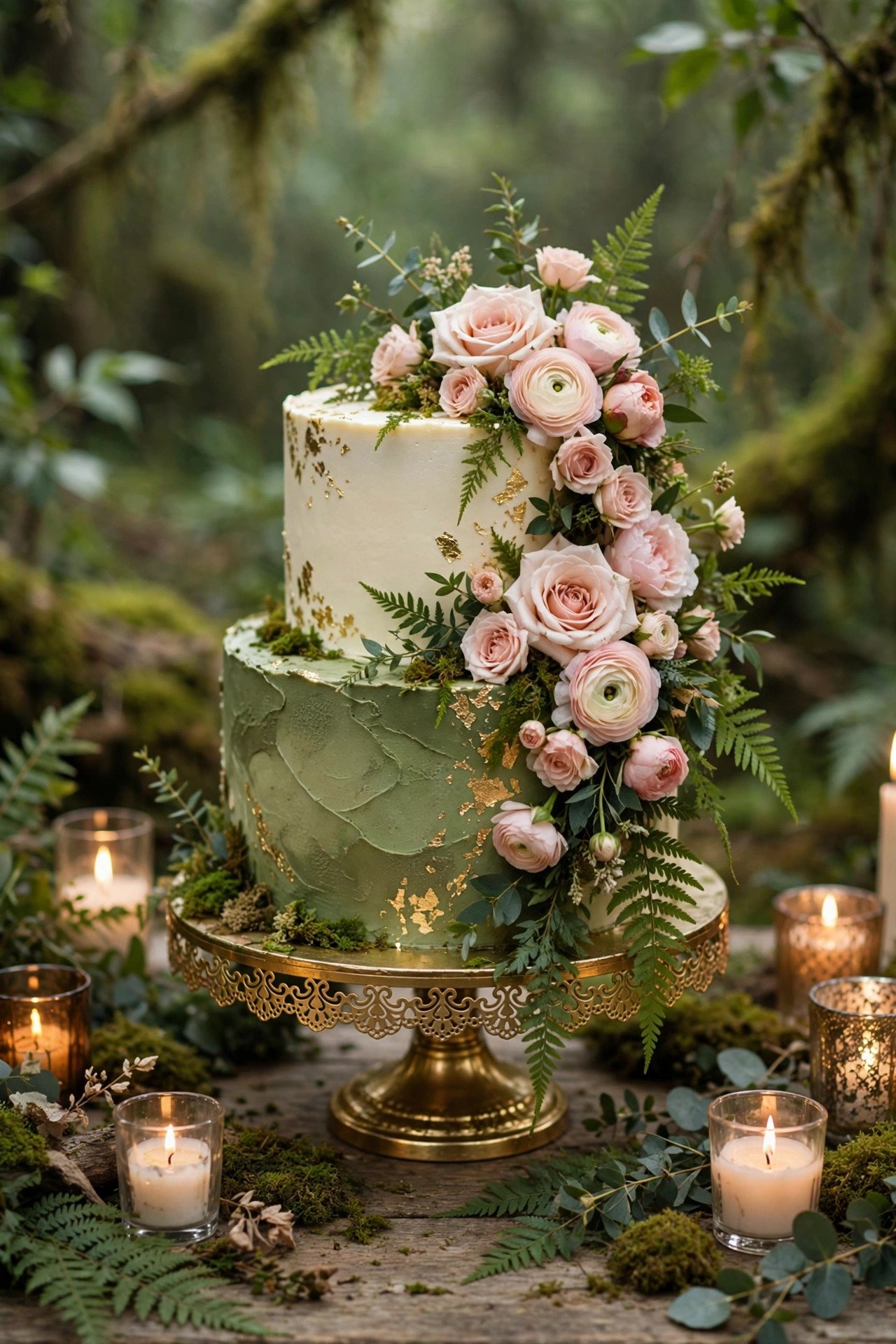 Elegant enchanted forest bridal shower cake with moss green tiers, gold leaf and cascading flowers