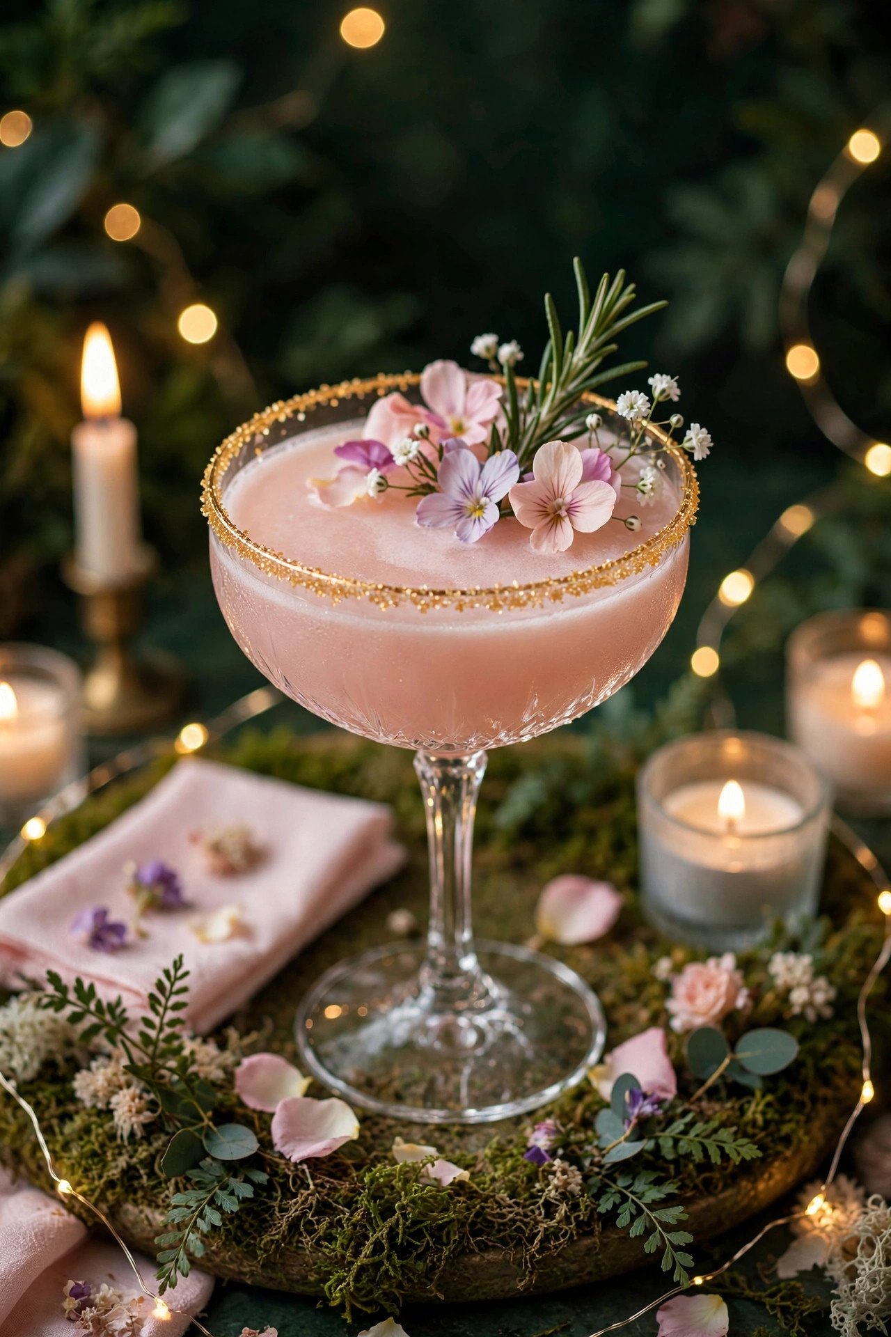 Elegant signature potion cocktail with gold sugar rim and botanical garnish for a fairy tale bridal shower