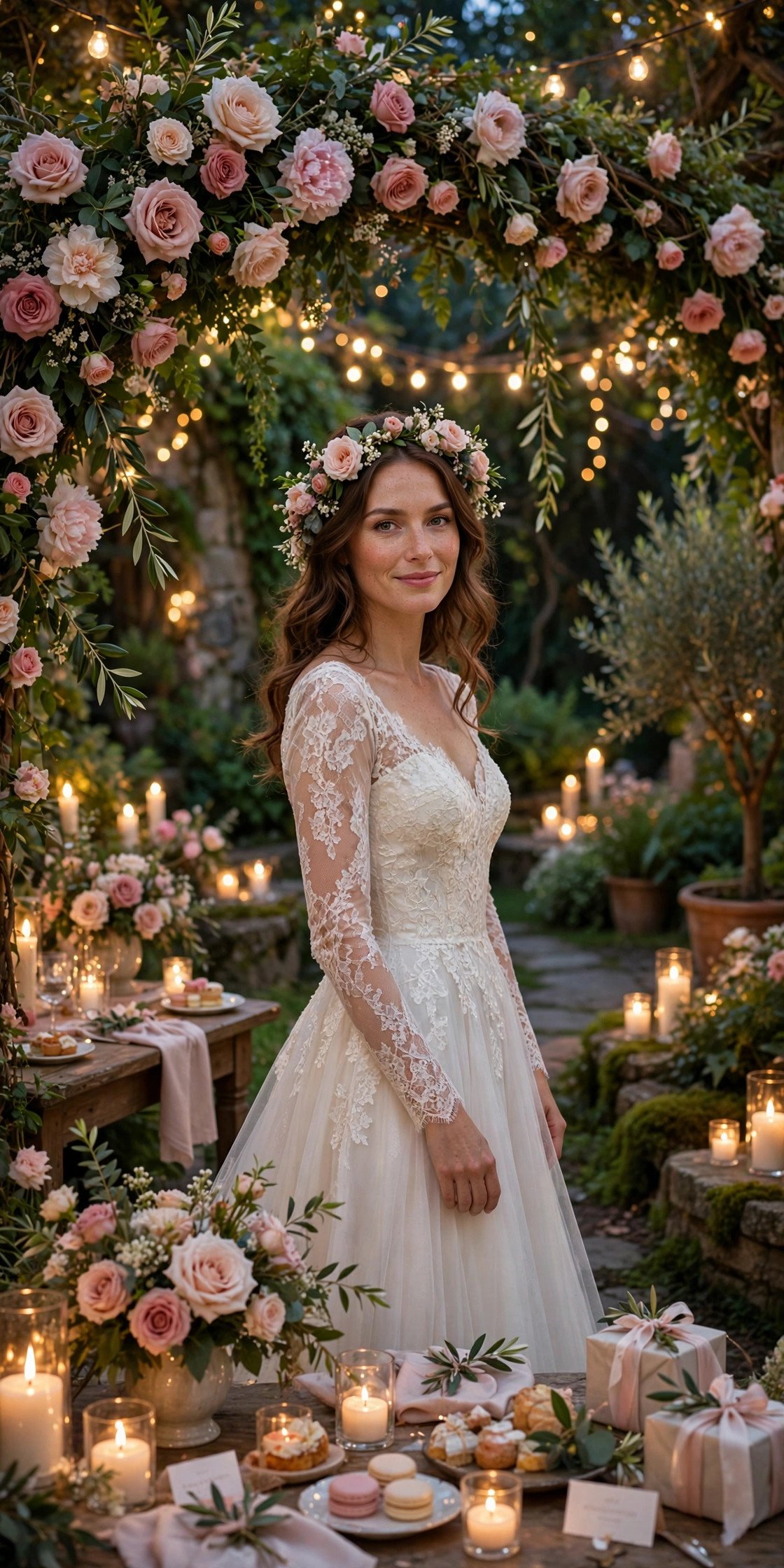 Bride in ivory gown under a lush floral arch in an enchanted garden bridal shower photo moment