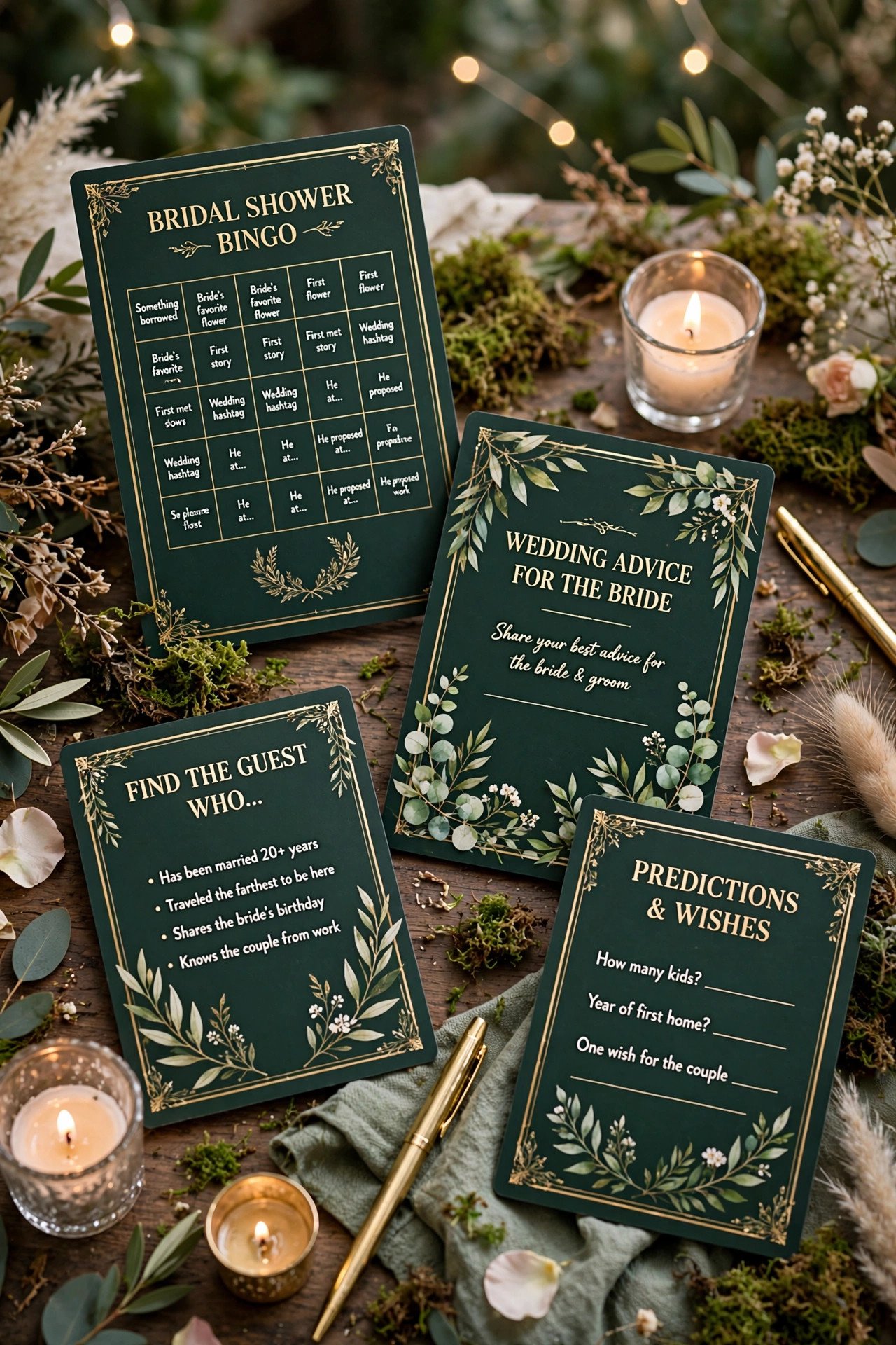 Elegant fairy tale bridal shower game cards in deep green and gold with botanical illustrations