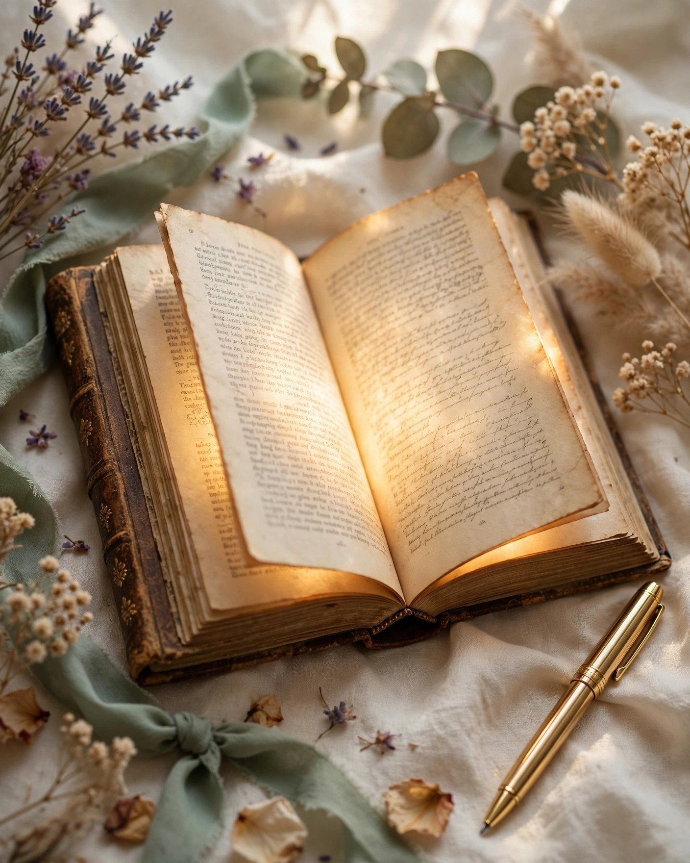 Open antique book with glowing pages, dried flowers and gold pen on cream linen