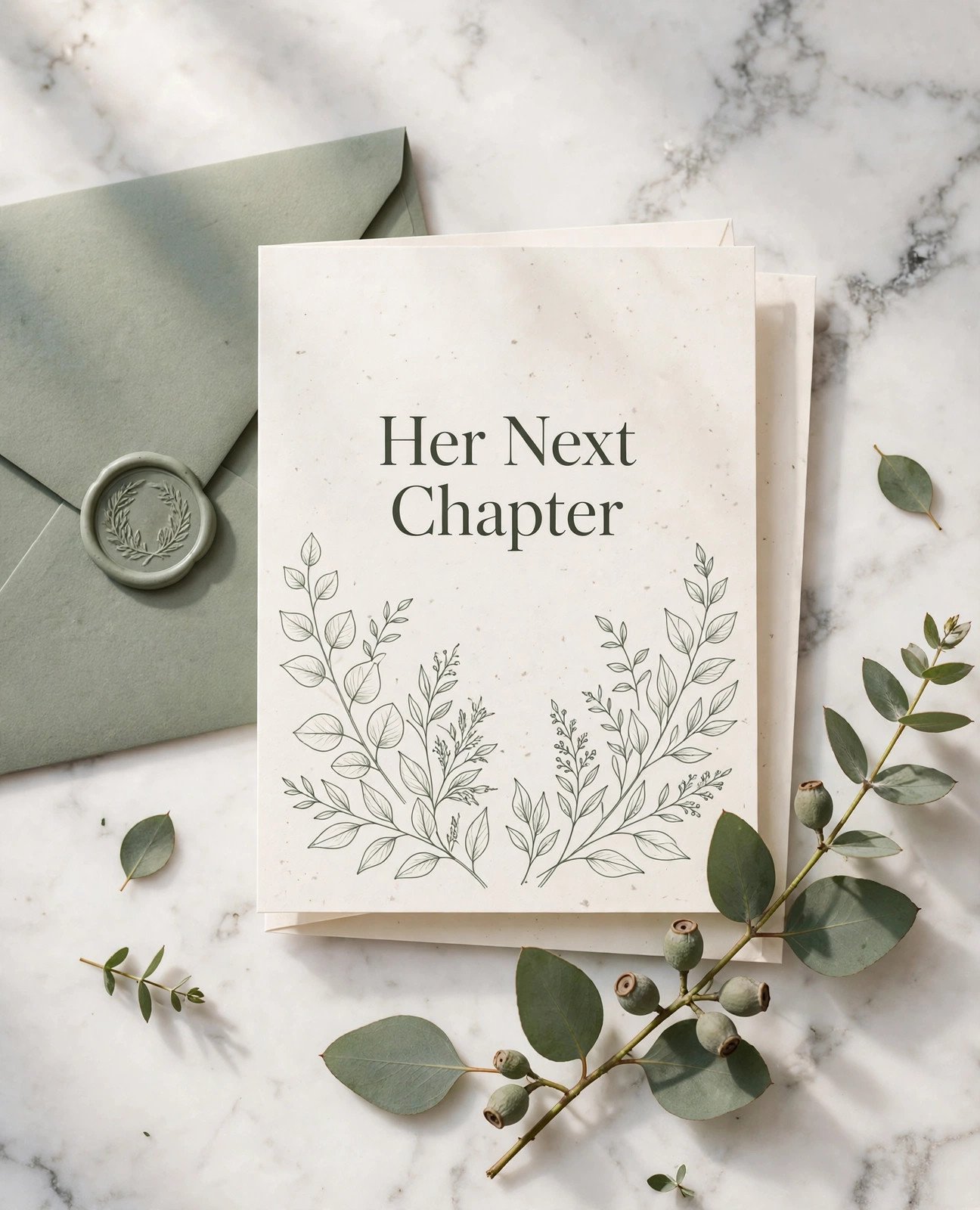 Her Next Chapter bridal shower invitation suite with botanical line art, sage envelope and wax seal