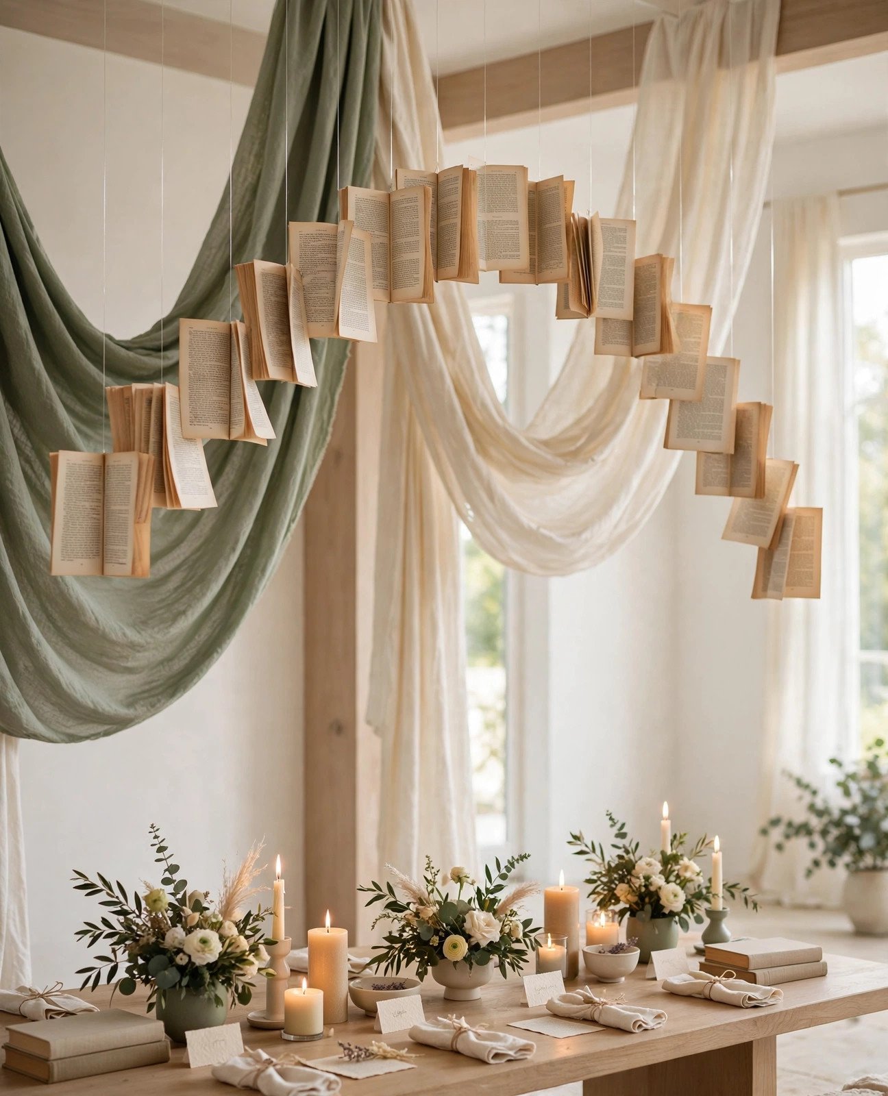 Modern minimalist bridal shower decor with floating book pages, sage and cream drapes
