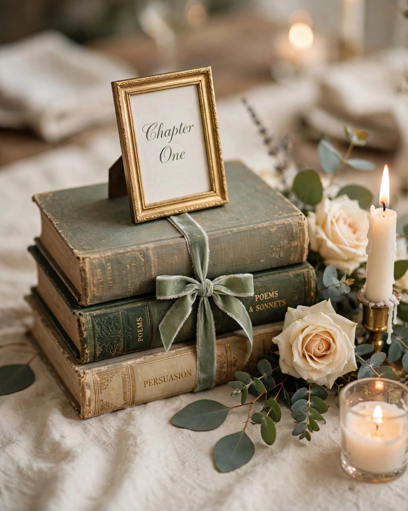 Bridal shower book centerpiece with stacked novels, Chapter One table number and eucalyptus