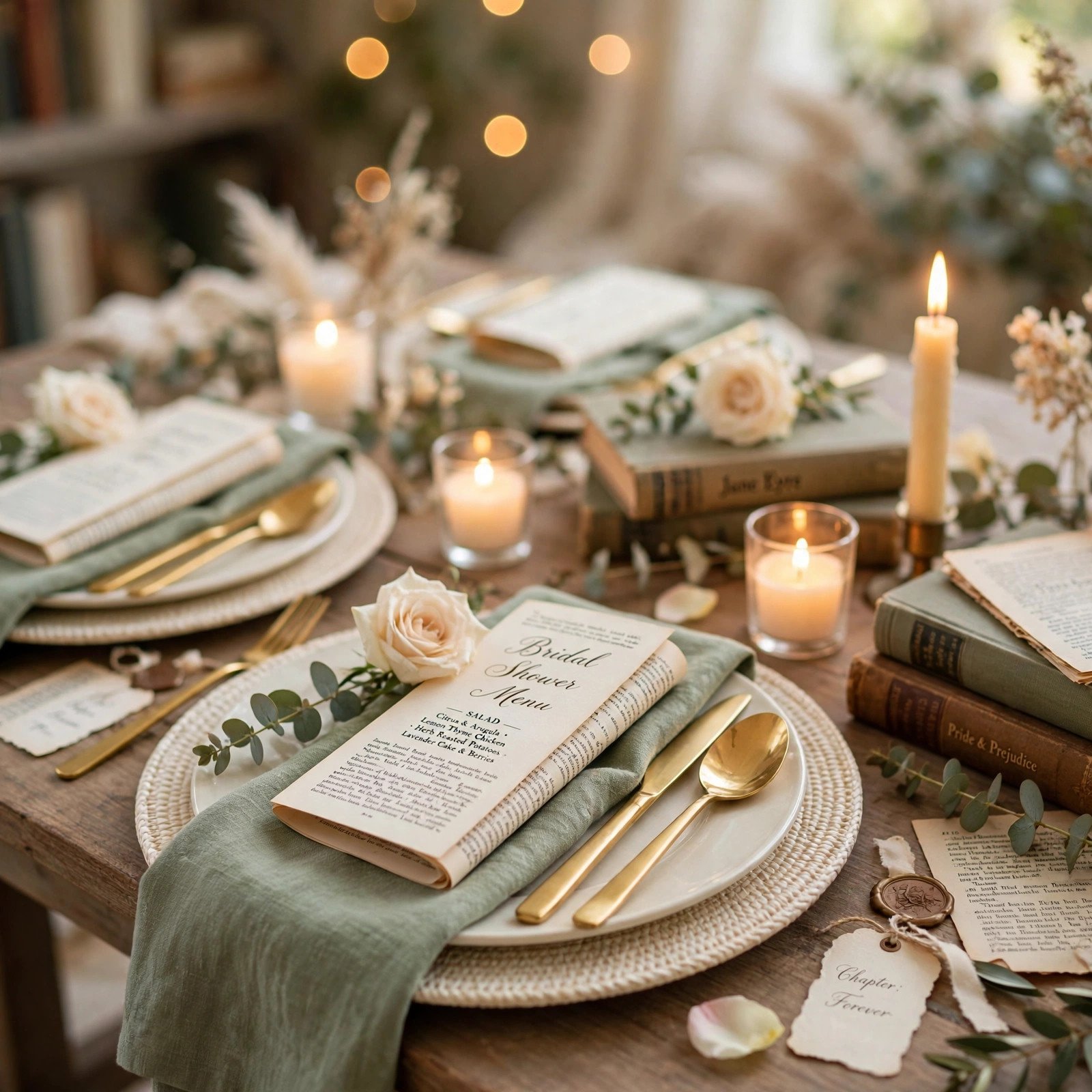 Elegant literary bridal shower table setting with book-page menus, sage napkins and gold flatware