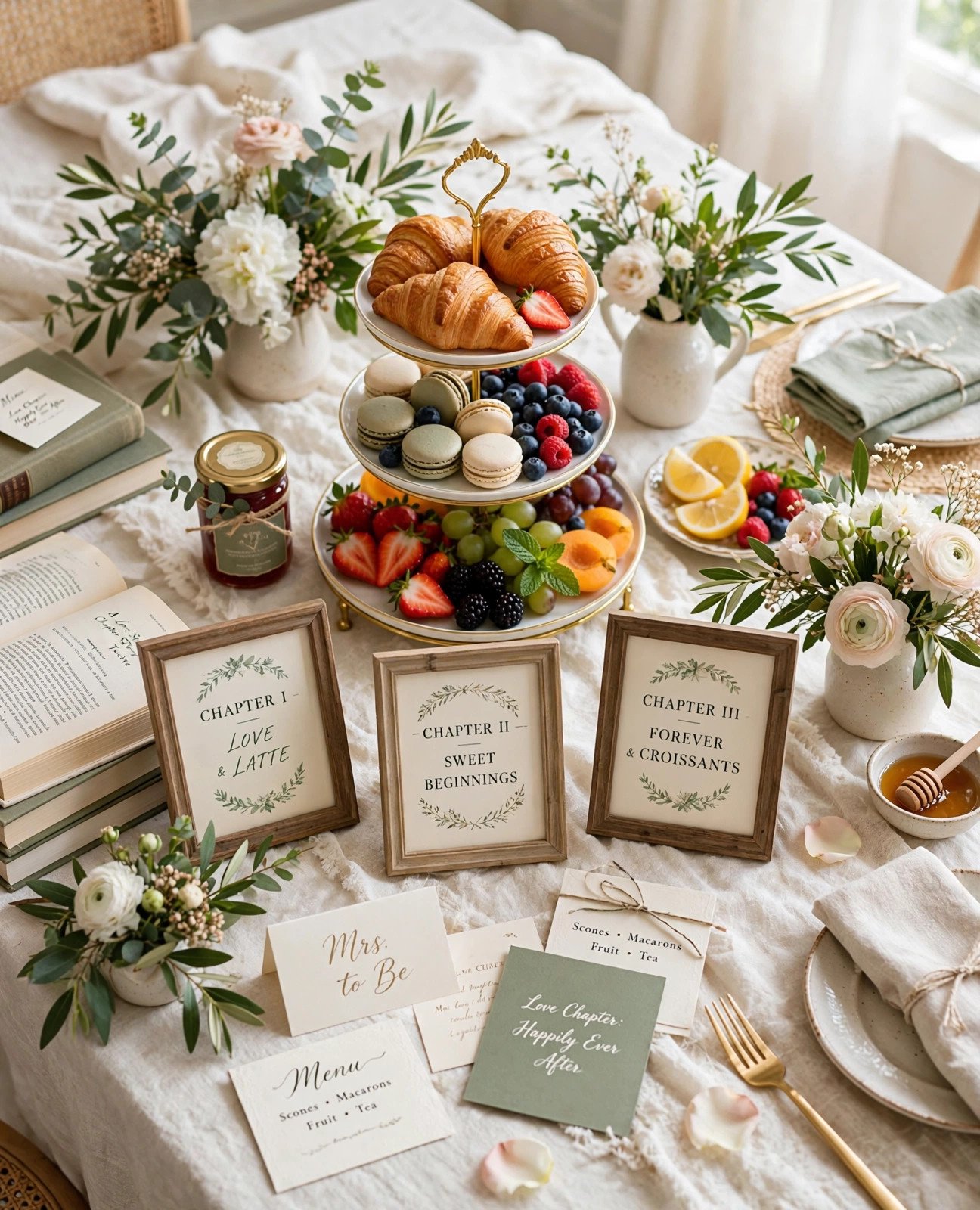 Elegant bridal shower brunch buffet with chapter-styled food signs, pastries and florals