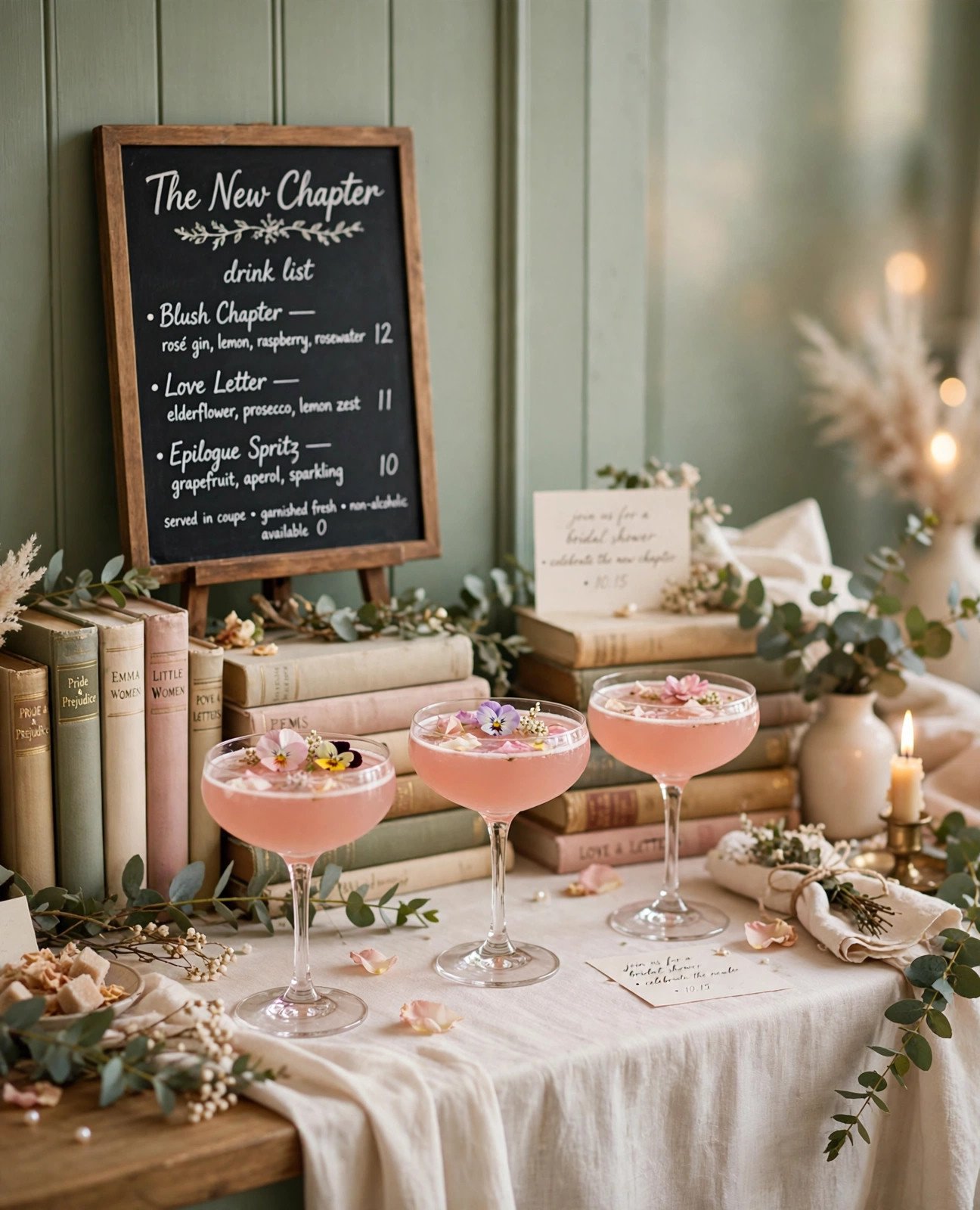 Signature The New Chapter cocktail bar at a literary bridal shower with blush drinks and book styling