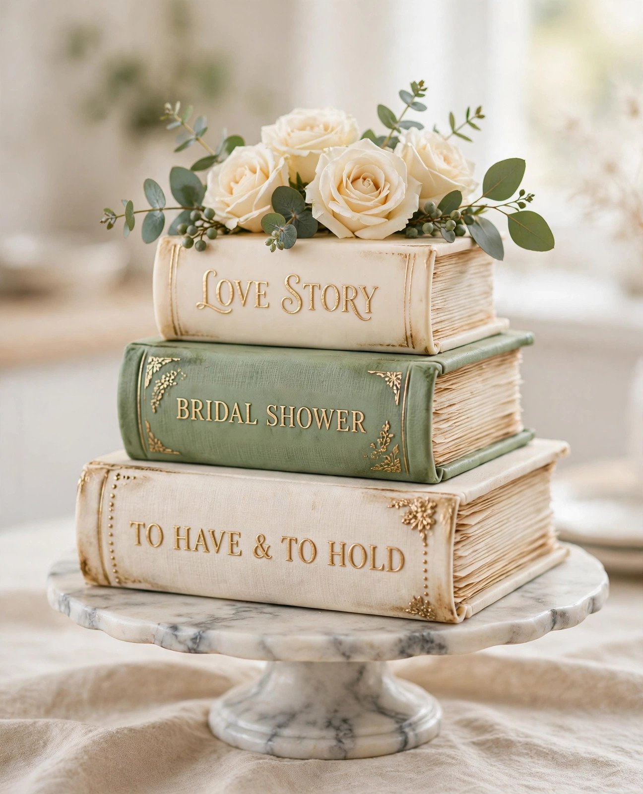 Elegant bridal shower cake decorated like stacked vintage books in sage and cream with gold lettering