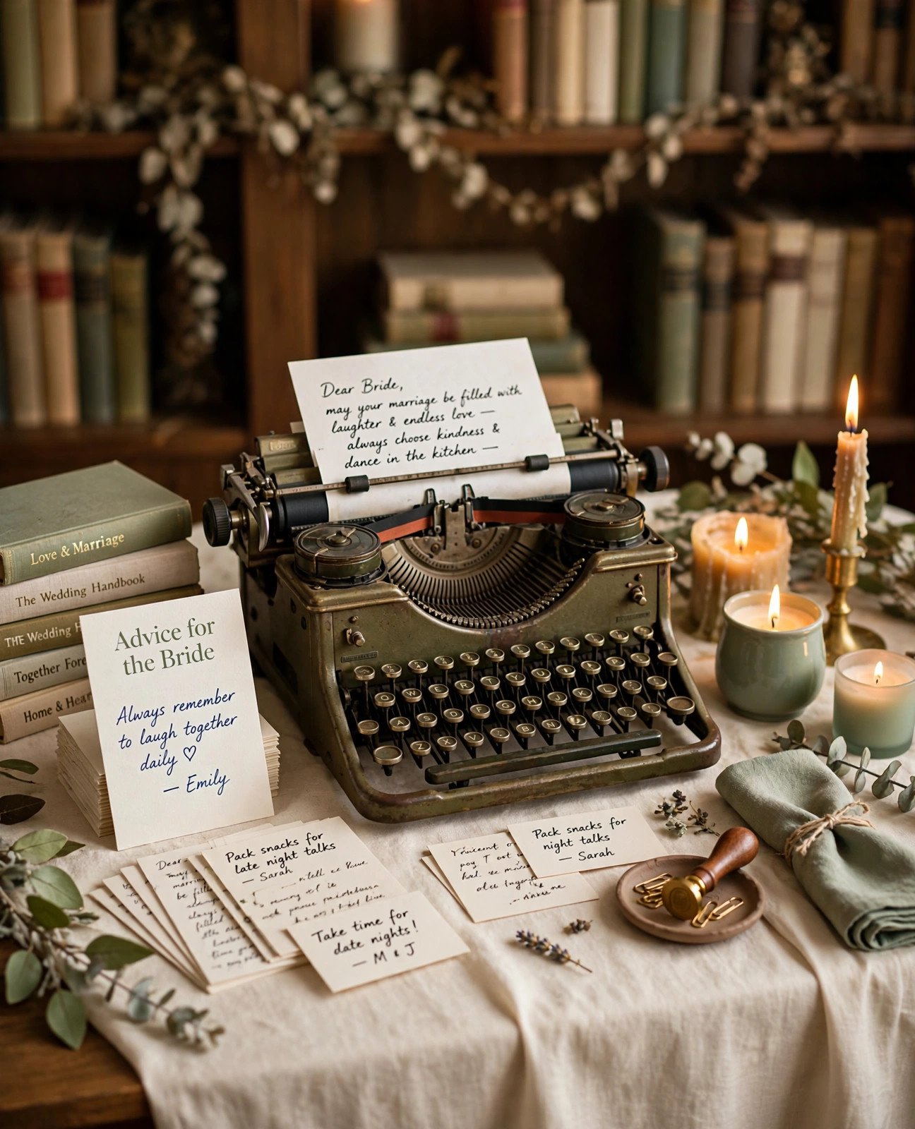 Bridal shower advice-for-the-bride library station with vintage typewriter and handwritten cards