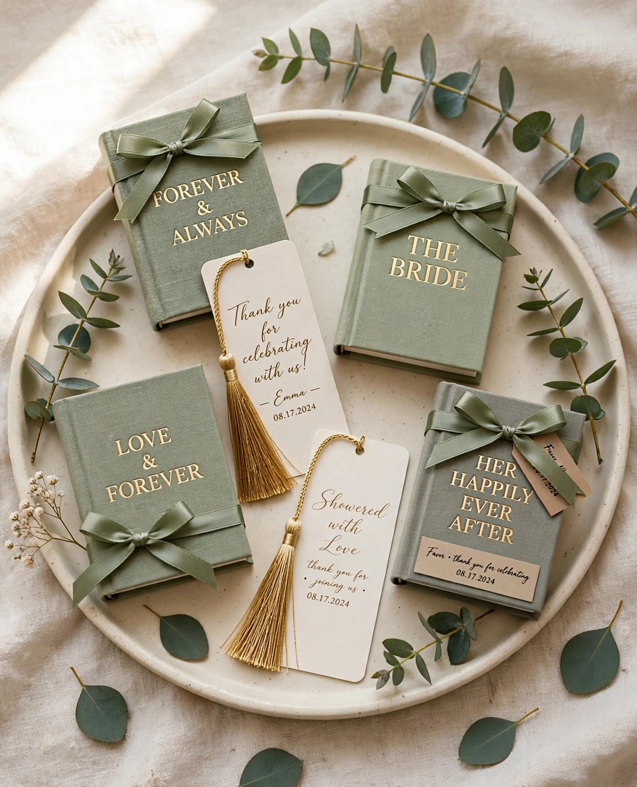 Bridal shower favors styled as mini books with personalized bookmarks and gold tassels