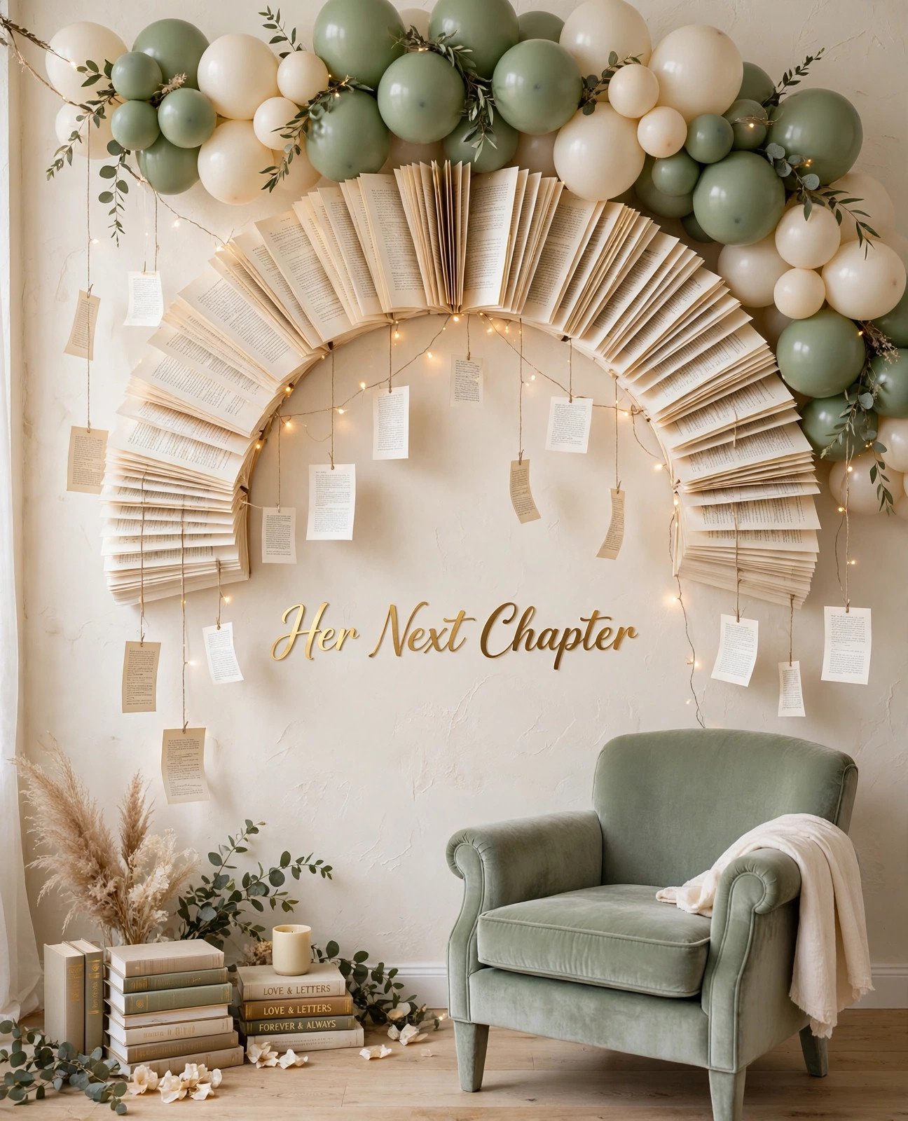 Her Next Chapter bridal shower photo backdrop with open-book arch and gold lettering