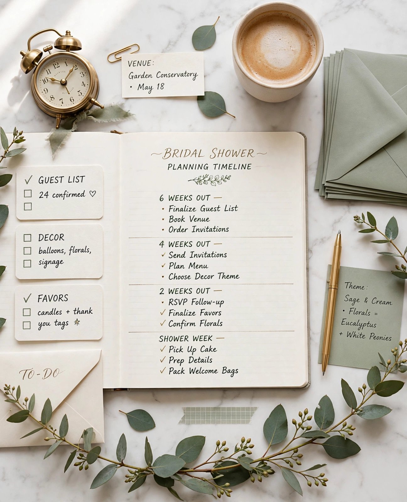 Bridal shower planning timeline flat lay with planner, checklist cards and stationery