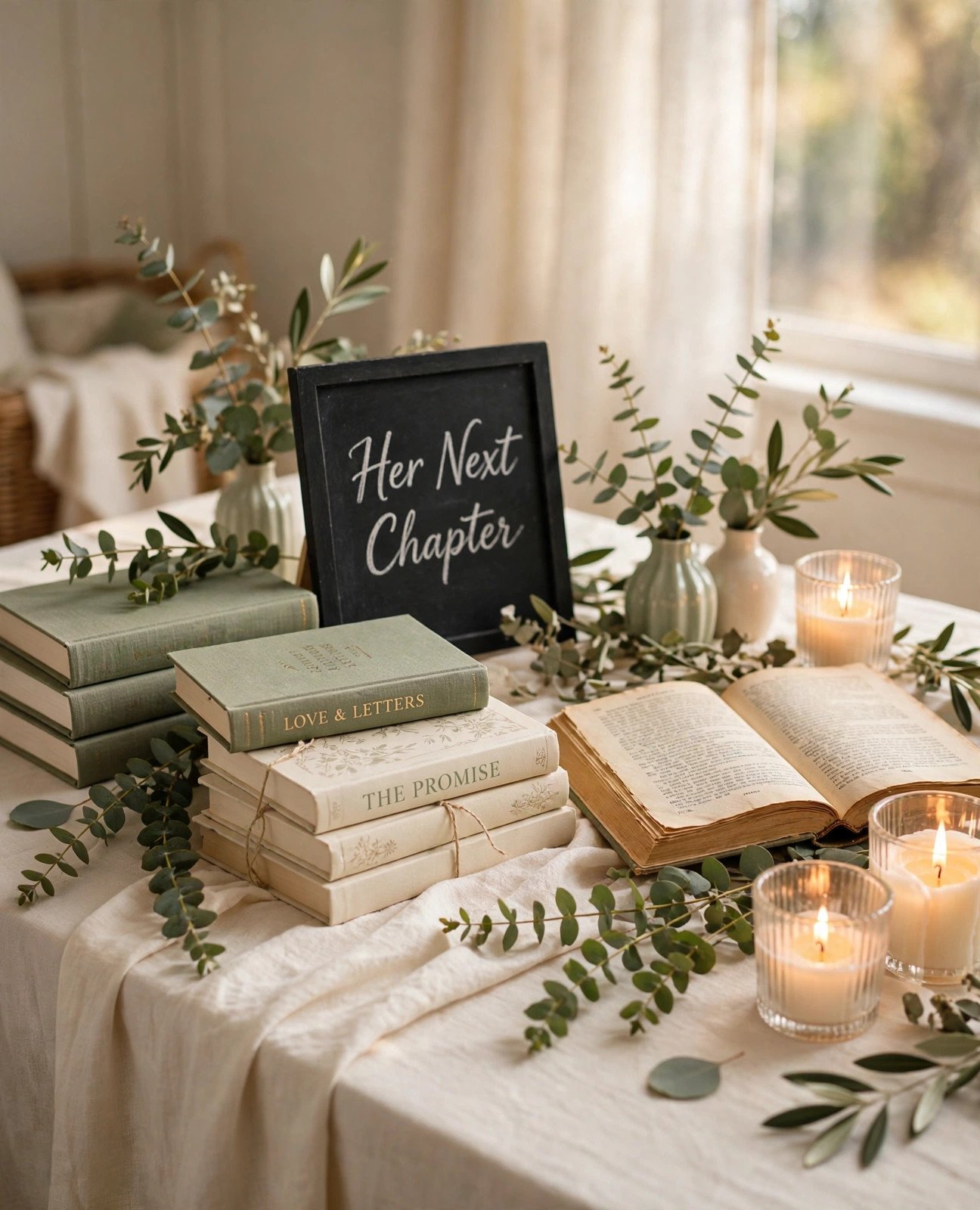 Modern literary Her Next Chapter bridal shower scene with stacked books, sage and cream styling
