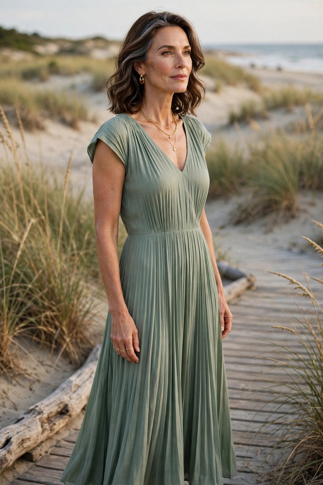 Sophisticated woman in her 50s in a sage green pleated maxi dress on a beach boardwalk