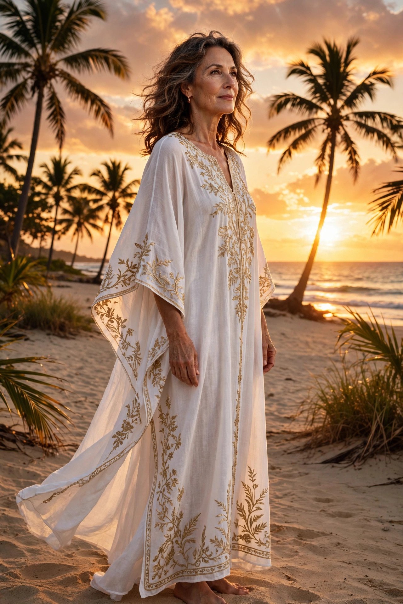 Elegant woman in her 50s wearing a white kaftan with gold embroidery on a tropical beach at sunset