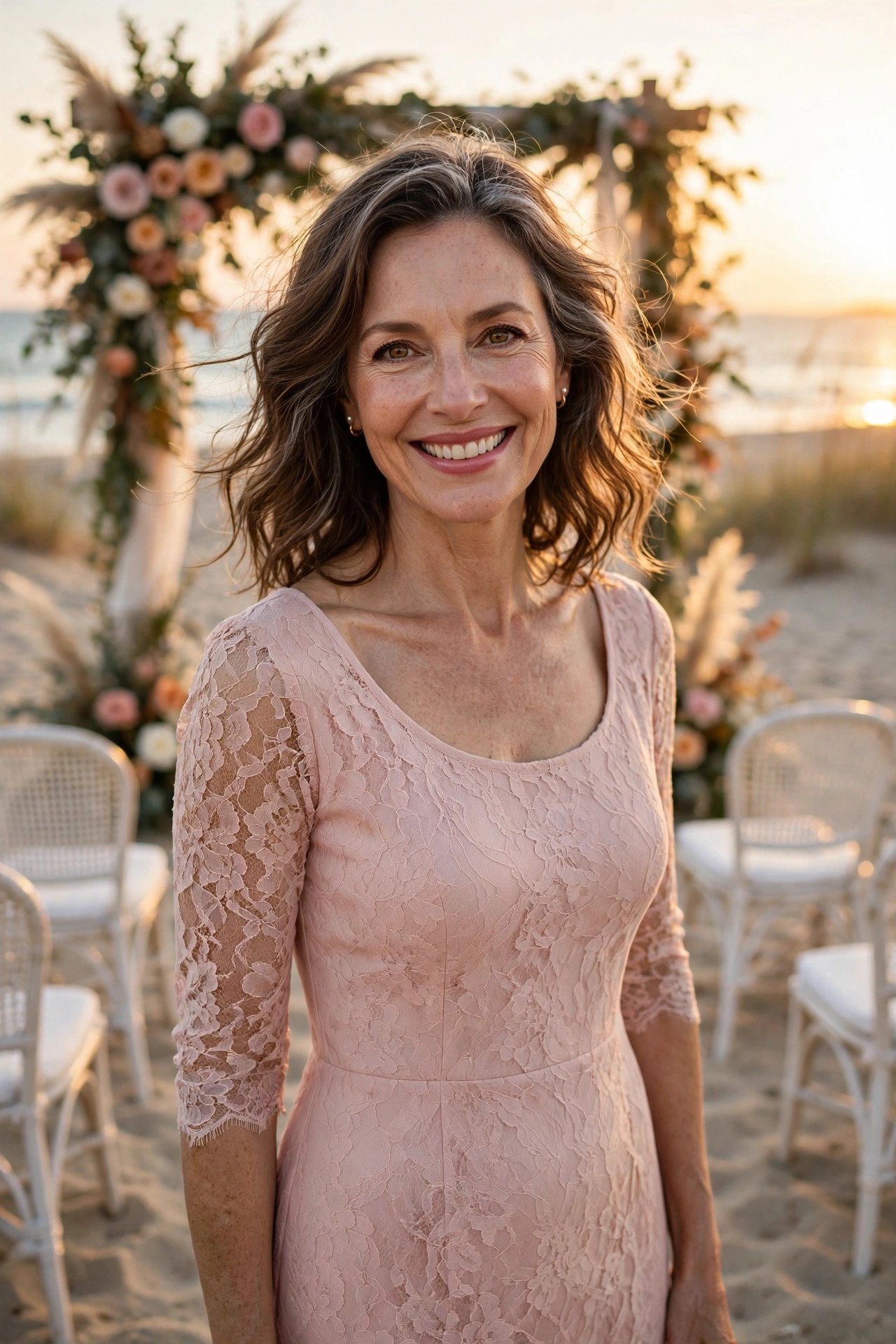 Charming woman in her 50s wearing a blush pink lace midi dress near a beach wedding floral arch