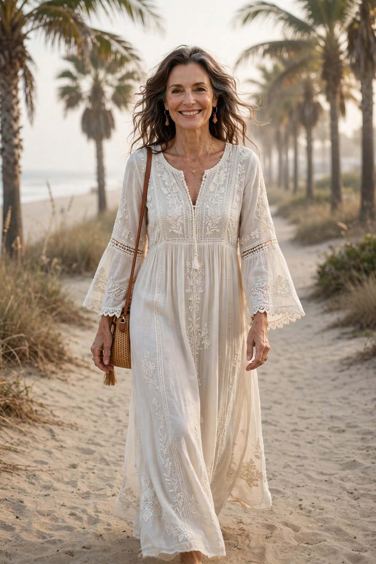 Graceful woman in her late 50s in an ivory boho embroidered maxi dress walking on a palm-lined beach path