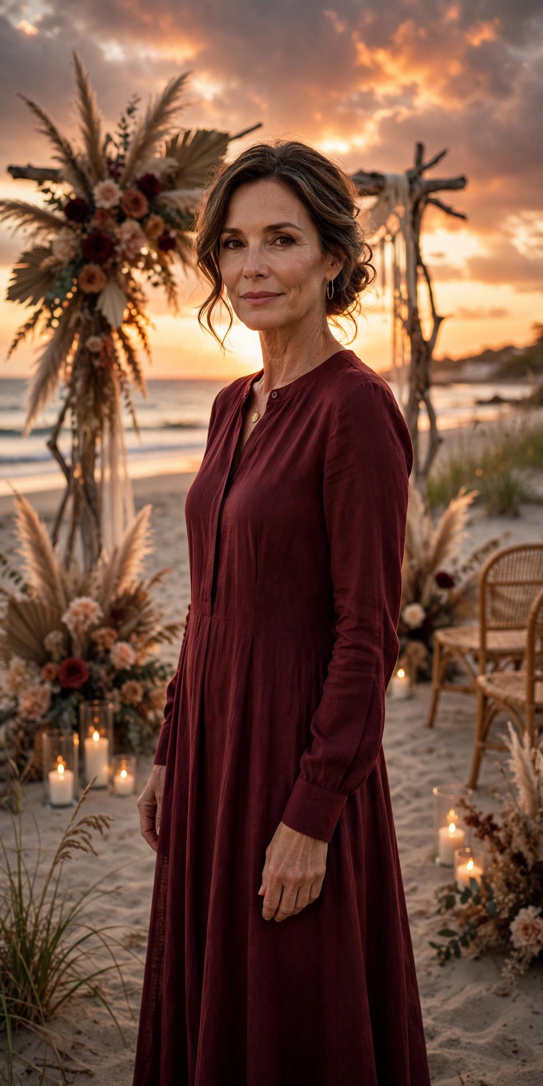 Sophisticated woman in her 50s wearing a burgundy long-sleeved maxi dress at a beach sunset wedding